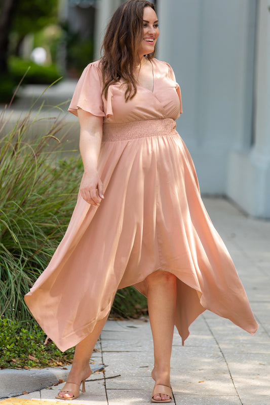 Plus Size Wide Waistband Surplice Neck Flutter Sleeve Midi Dress