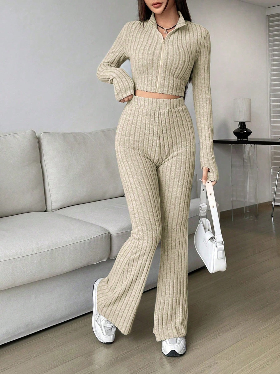 Zip Up Long Sleeve Top and Pants Set