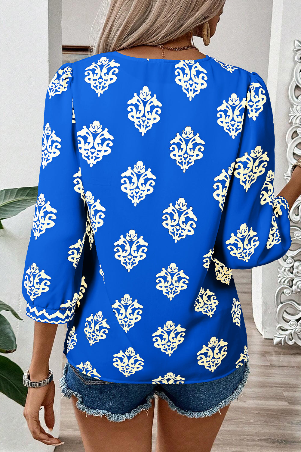 Green Damask Floral Print Contrast V Neck 3/4 Sleeve Blouse - Kustom Kreations Goods