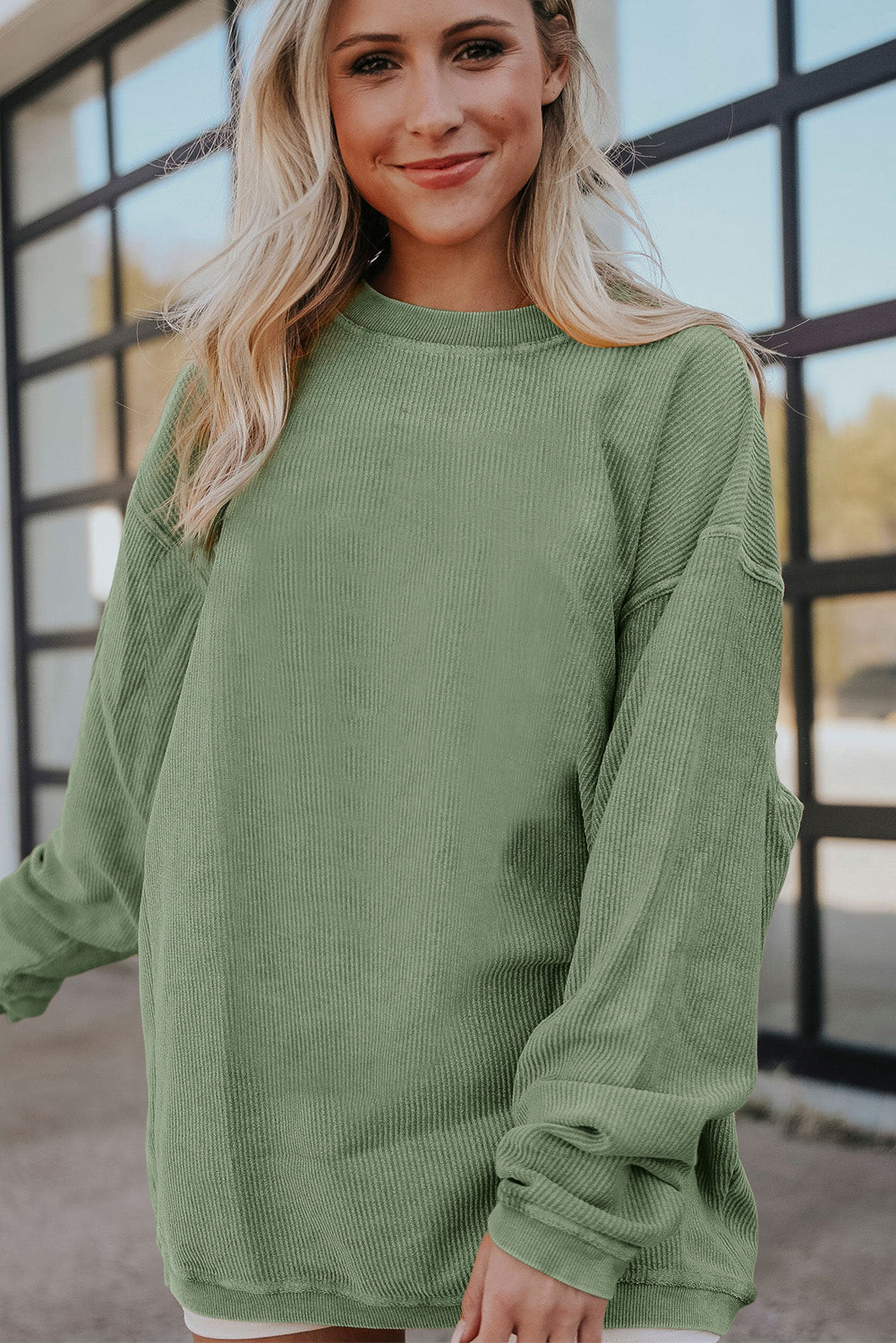 Orange Plain Drop Sleeve Rib-Knit Oversized Sweatshirt
