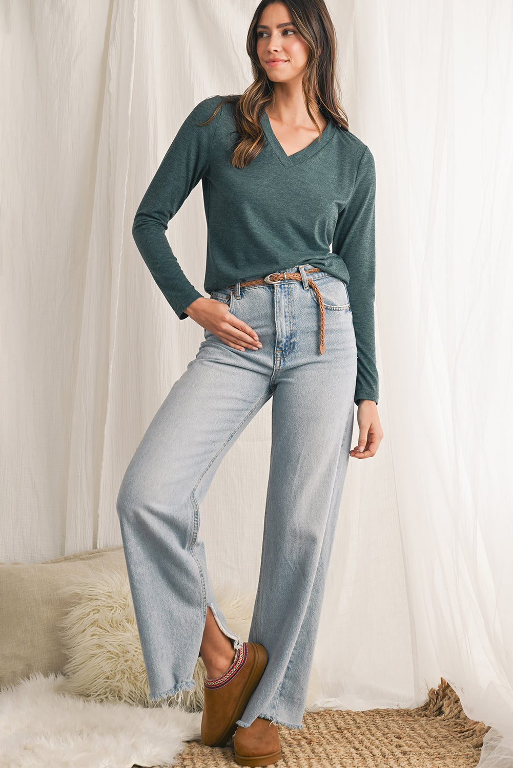 Misty Green Solid V-Neck Long Sleeve Top
