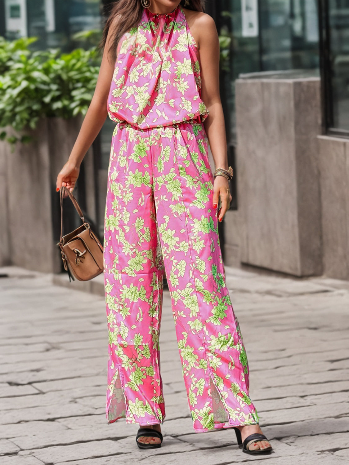 Printed Mock Neck Sleeveless Jumpsuit