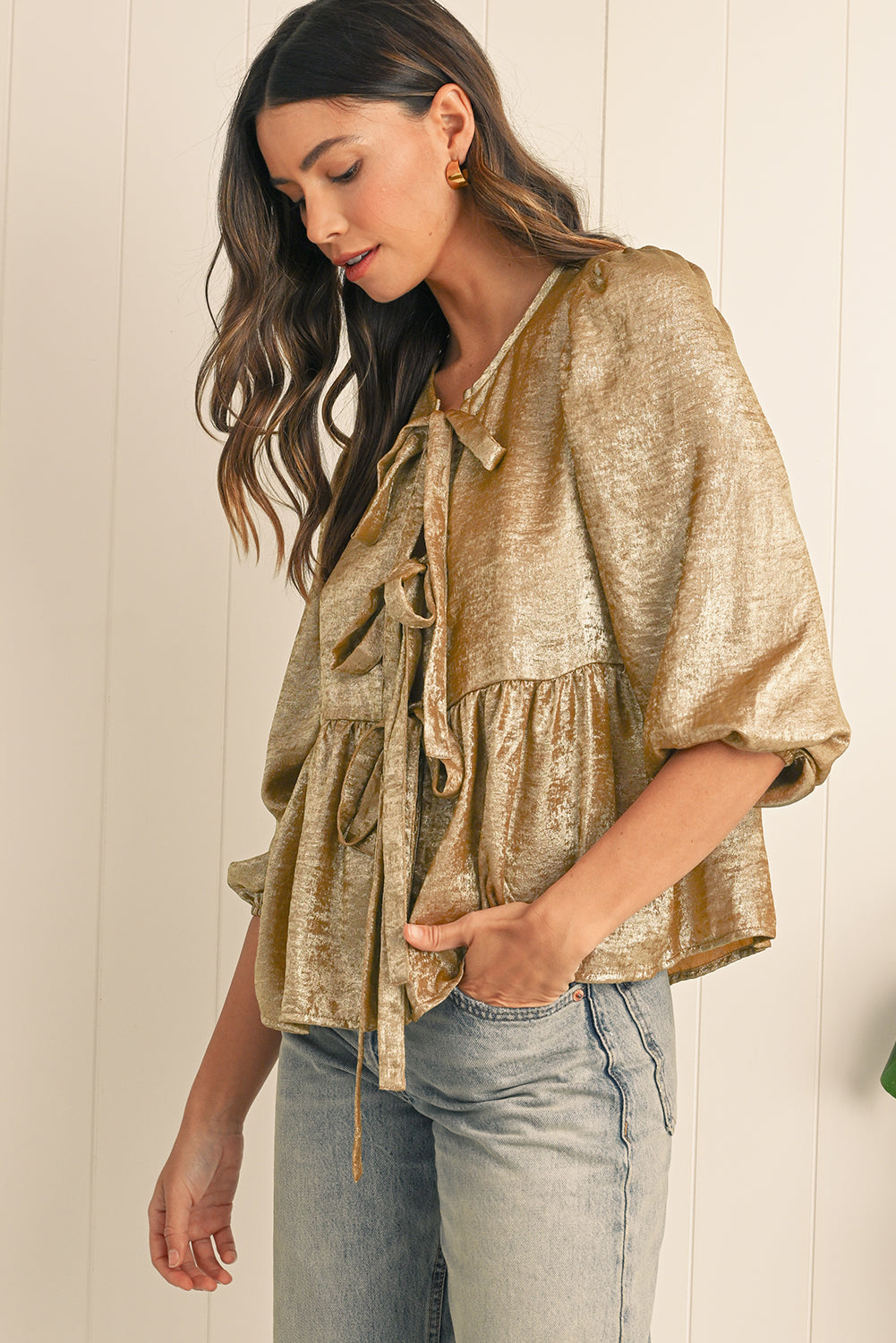 Gold Solid Color Bowknot Front Puff Sleeve Blouse