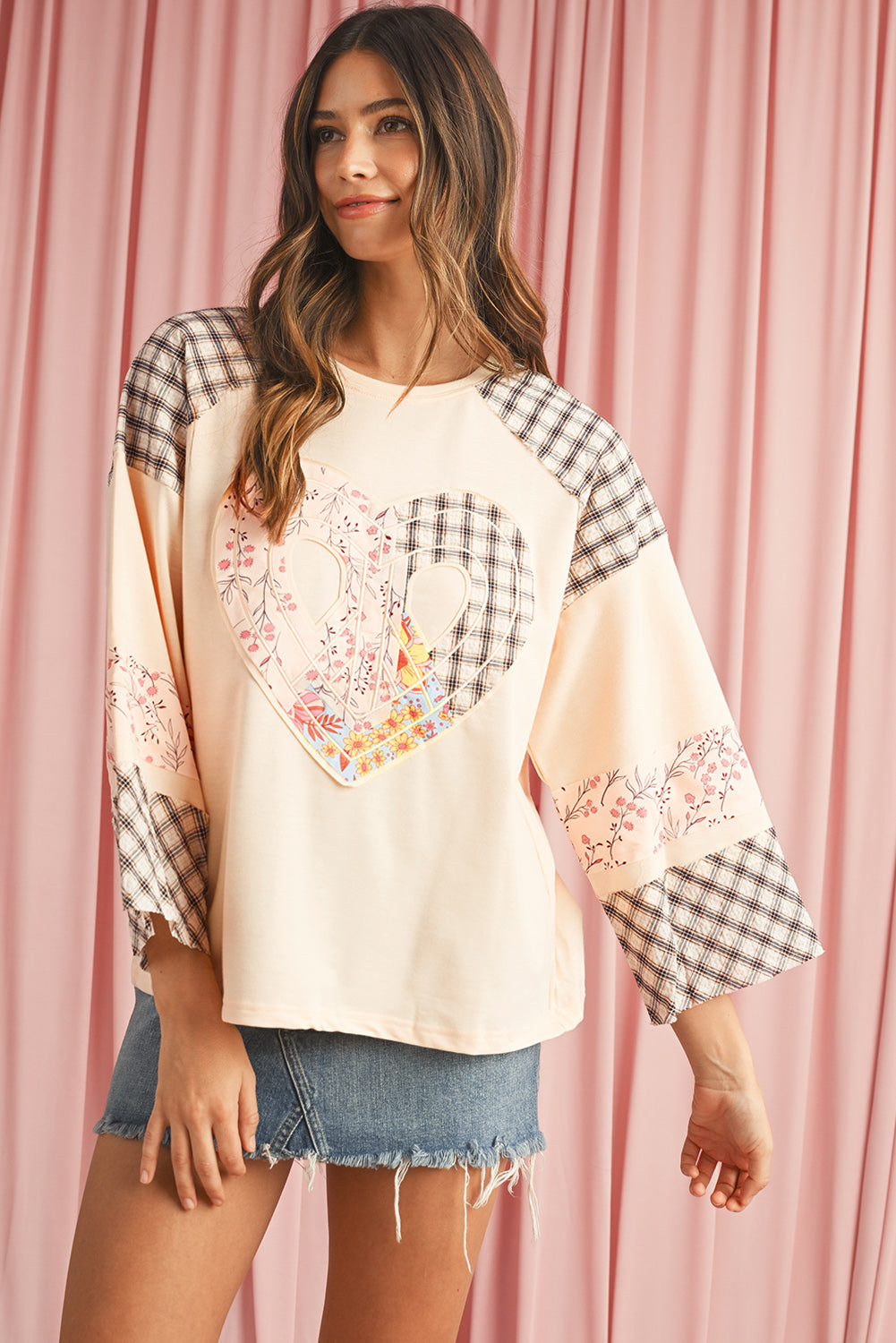 Beige Plaid Floral Patchwork Heart Long Sleeve Top - Kustom Kreations Goods