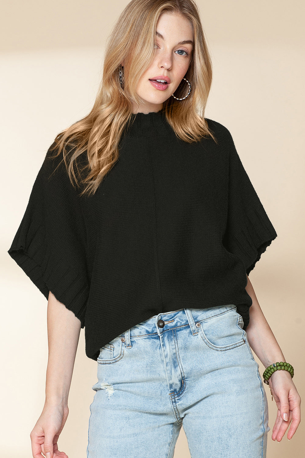 Medium Grey Mock Neck Batwing Sleeve Knit Sweater