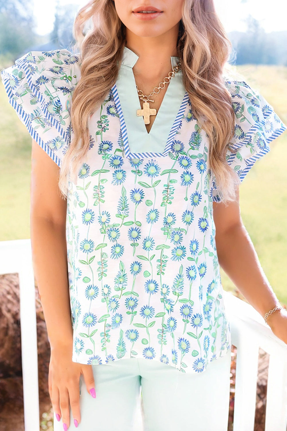 Green Floral Print Striped Trim Contrast V Neck Patchwork Boho Blouse - Kustom Kreations Goods
