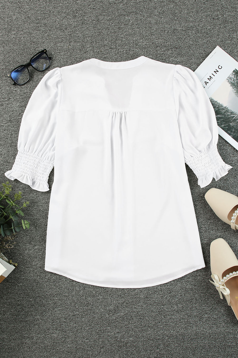 Apricot Solid Puffed Sleeve Shirred V Neck Blouse