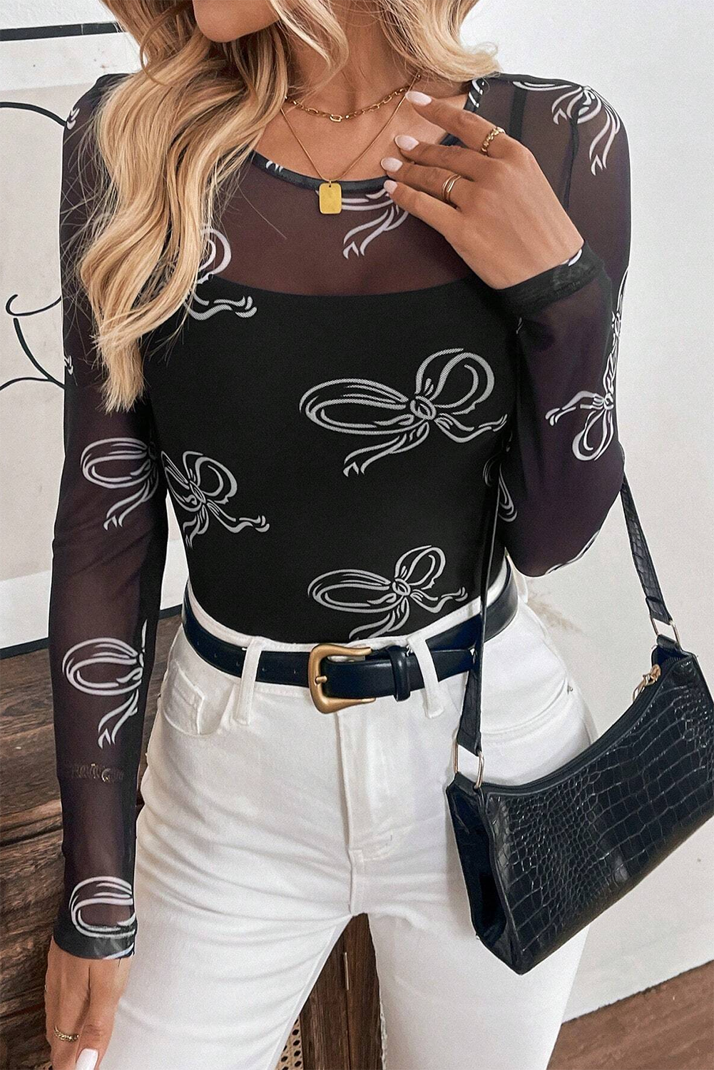 Black Bow Print Long Sleeve Mesh Top - Kustom Kreations Goods