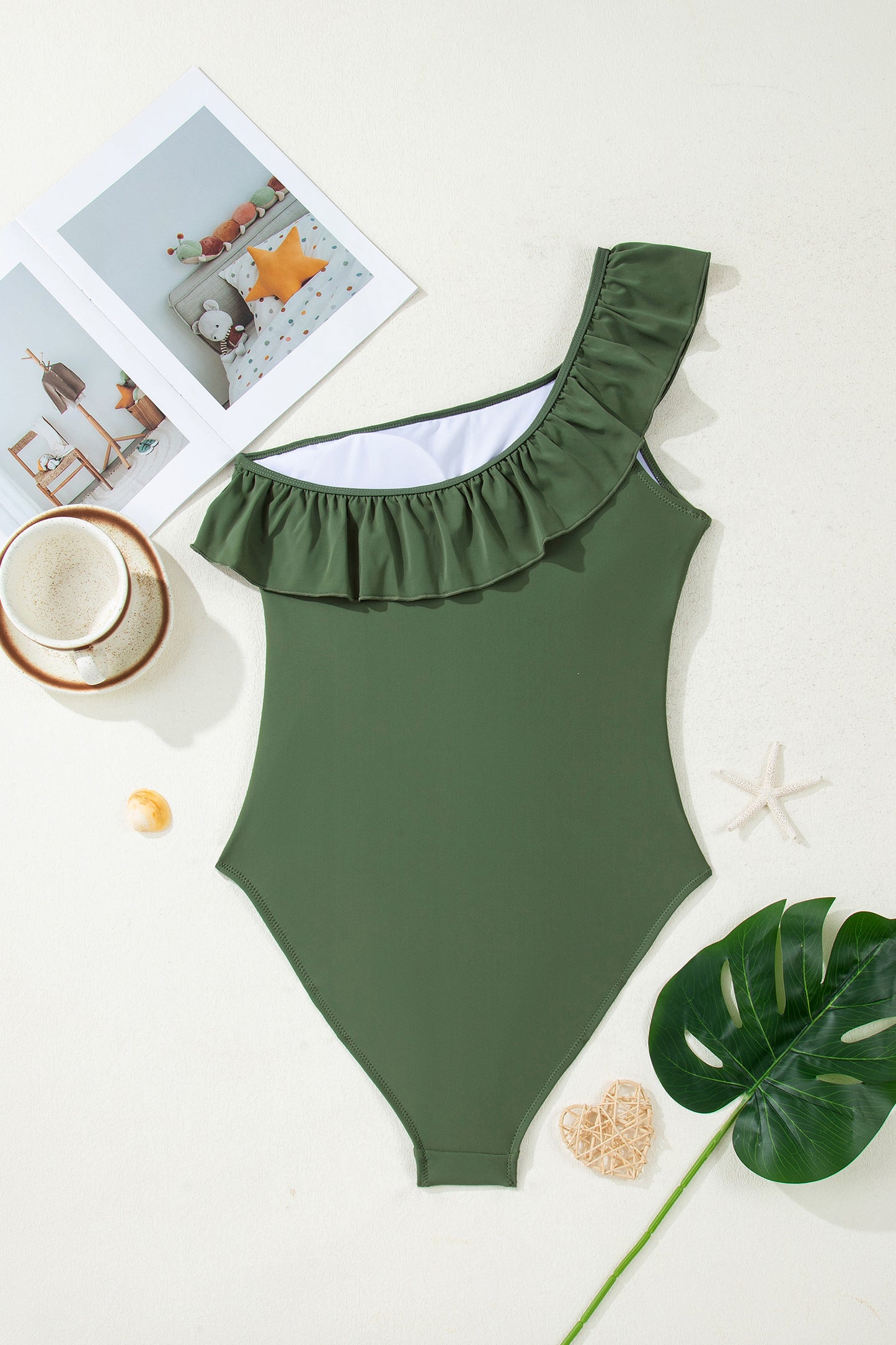 Color Black Solid Color Ruffle Trim Asymmetric Neck One Piece Swimsuit - Kustom Kreations Goods