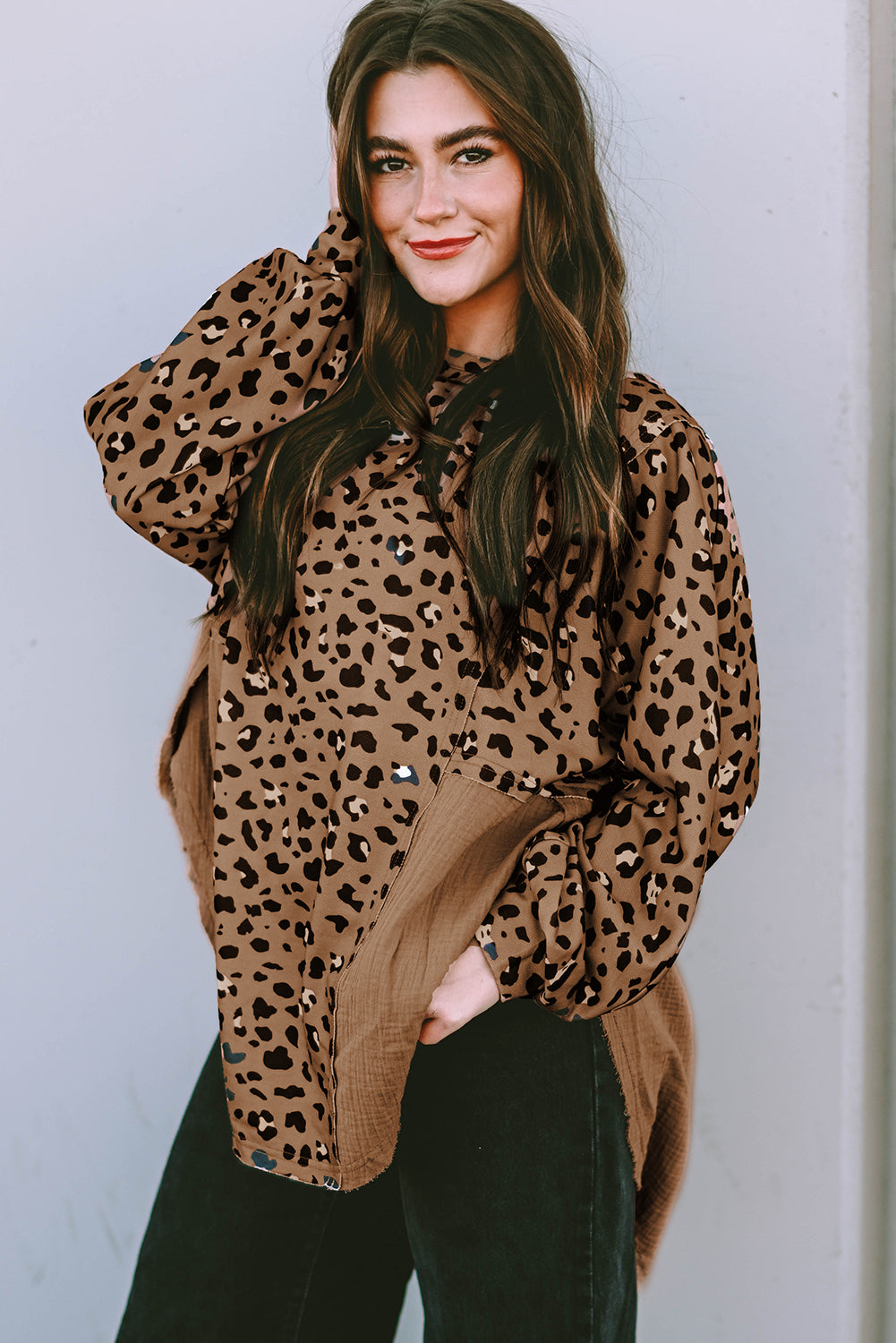 Pink Leopard Patchwork Raw Edge Oversized Top