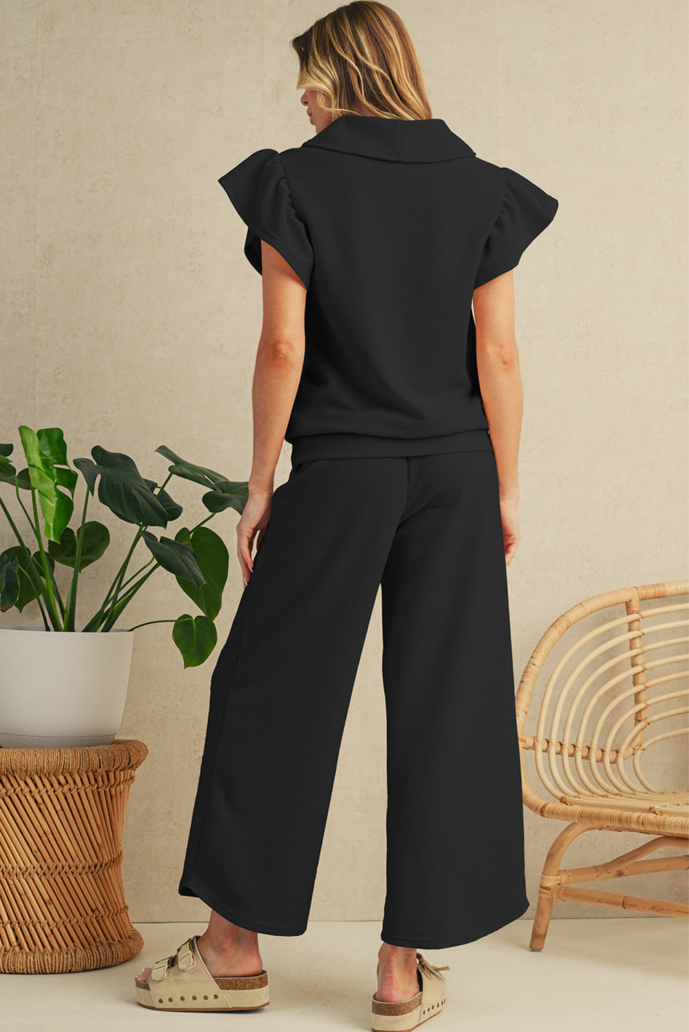Black Textured Ruffle Sleeve Zipped Top and Wide Leg Pants Set - Kustom Kreations Goods