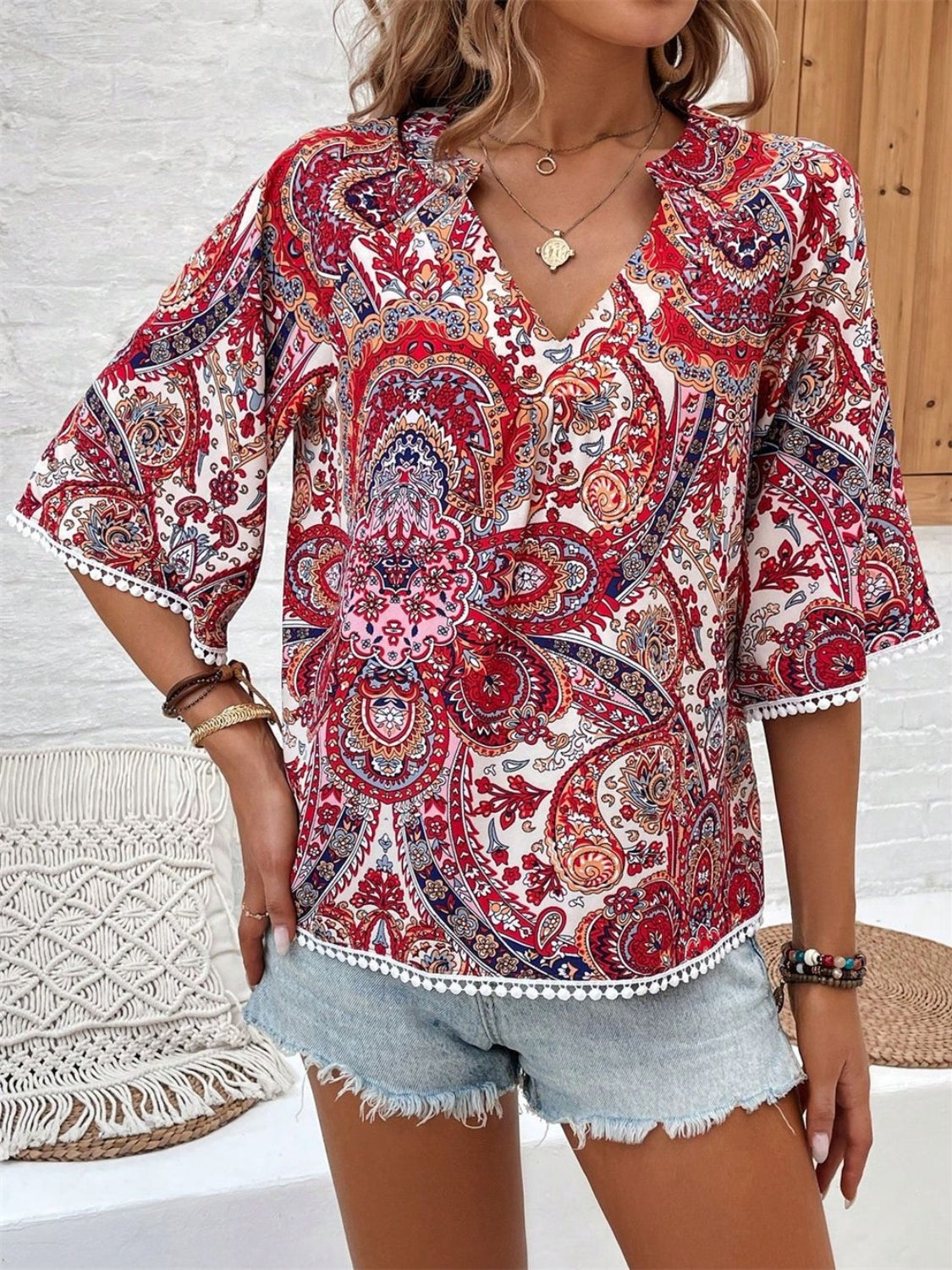 Printed Notched Half Sleeve Blouse