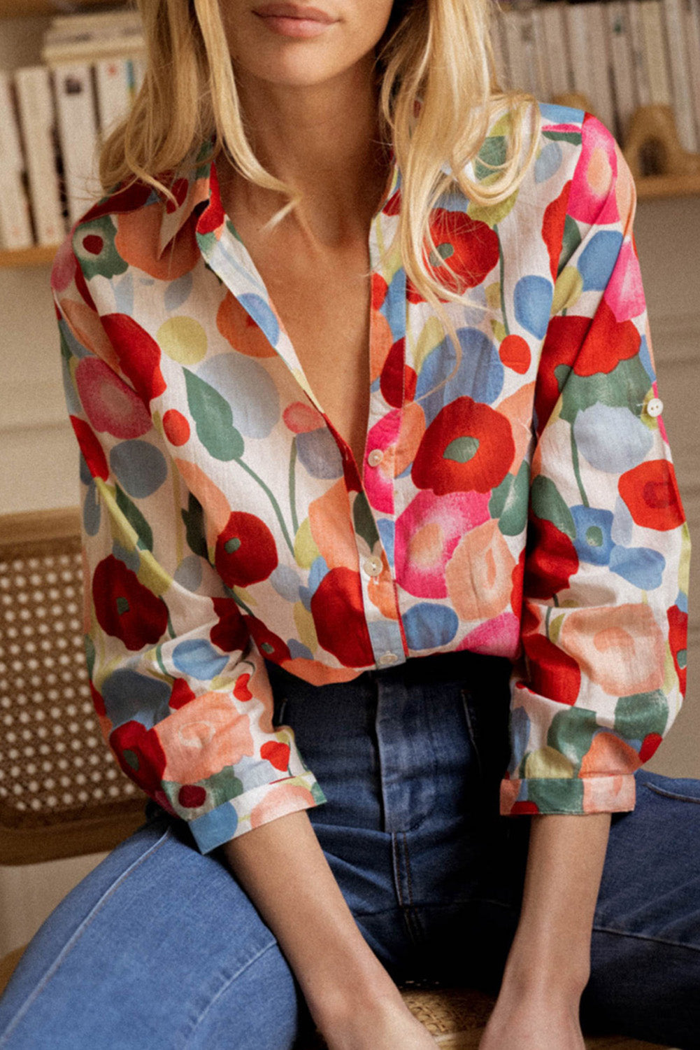 Multicolor Floral Print Long Sleeve Button-Down Shirt