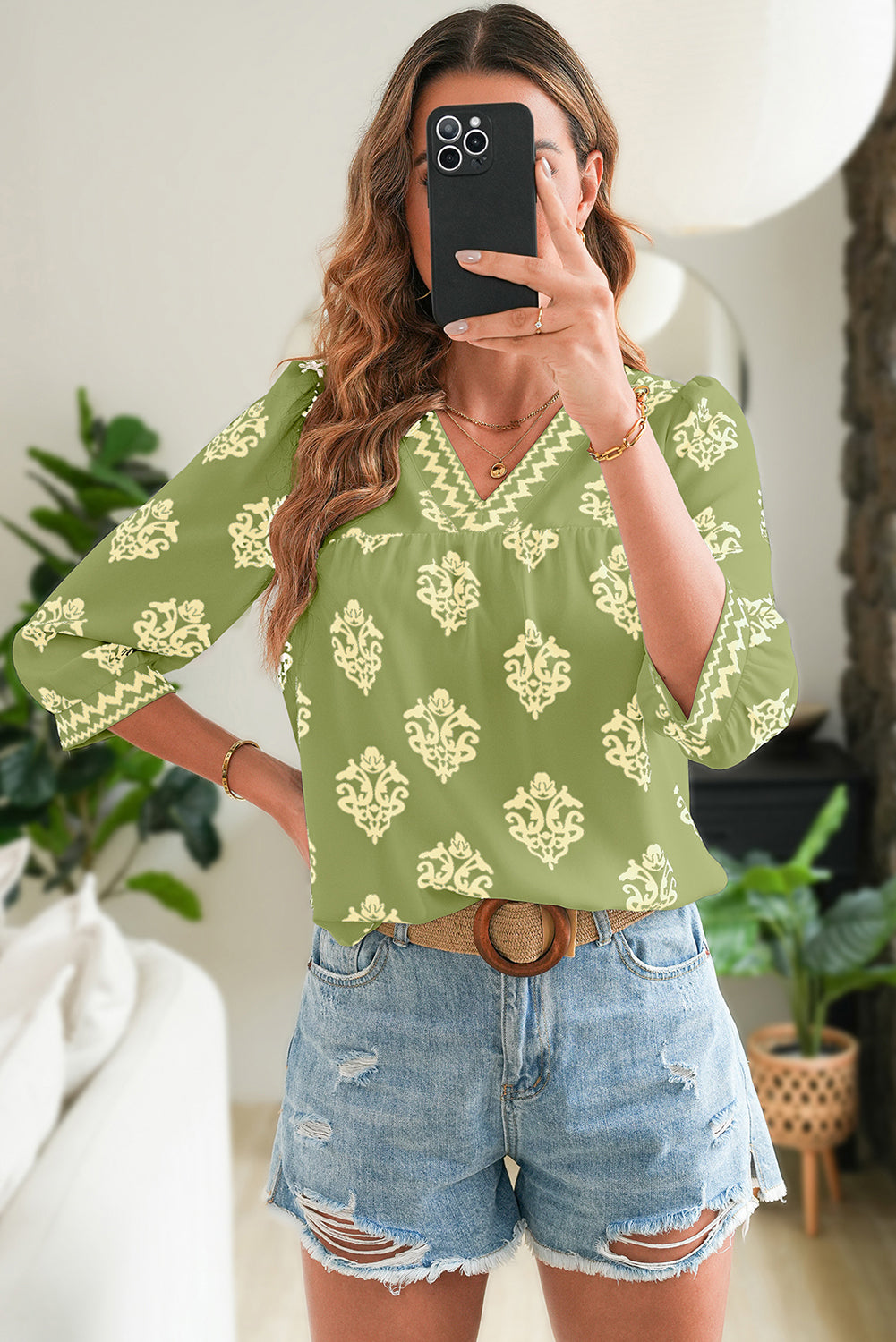 Green Damask Floral Print Contrast V Neck 3/4 Sleeve Blouse - Kustom Kreations Goods