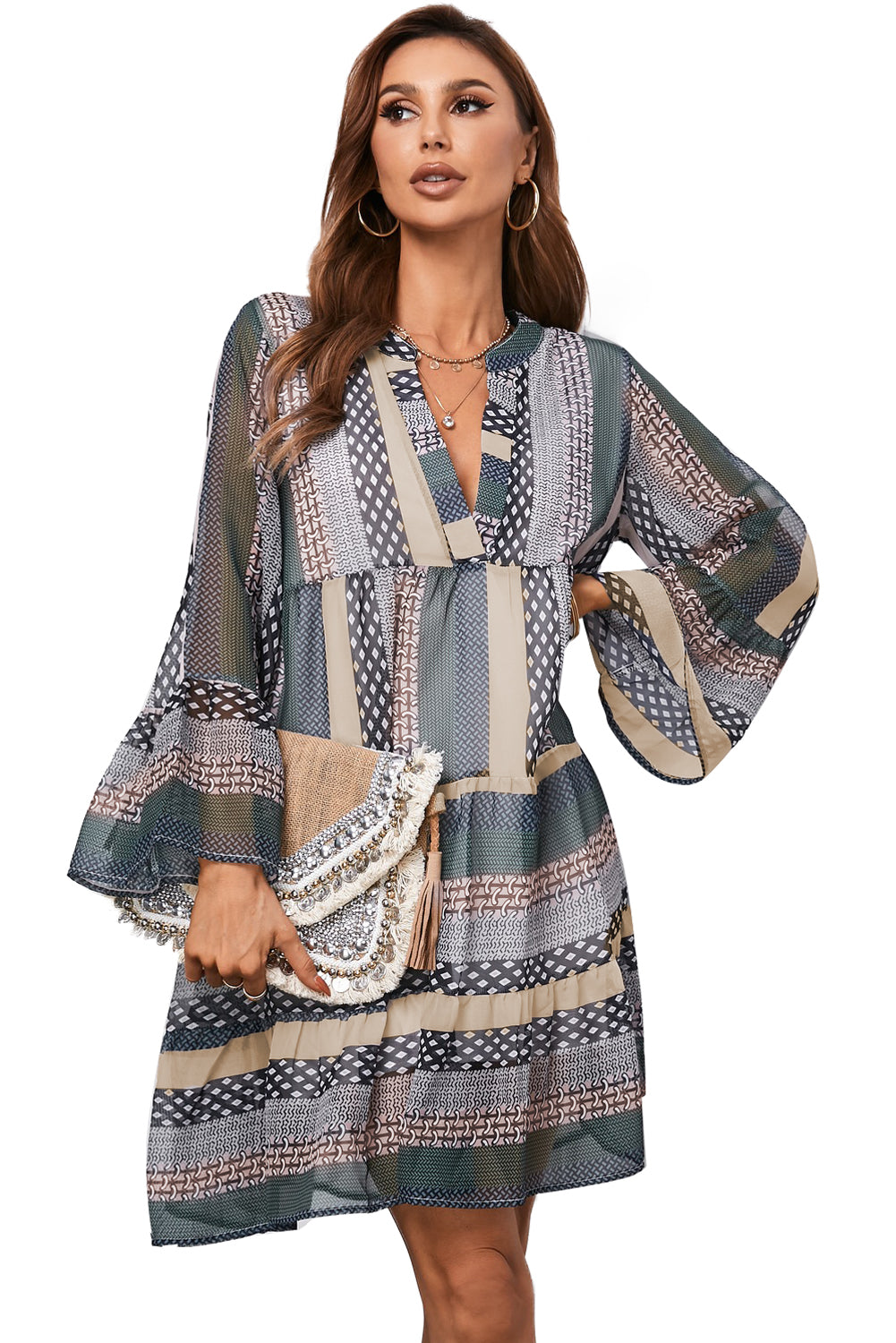 Green Chiffon Bell Sleeve Split V Neck Tunic Dress