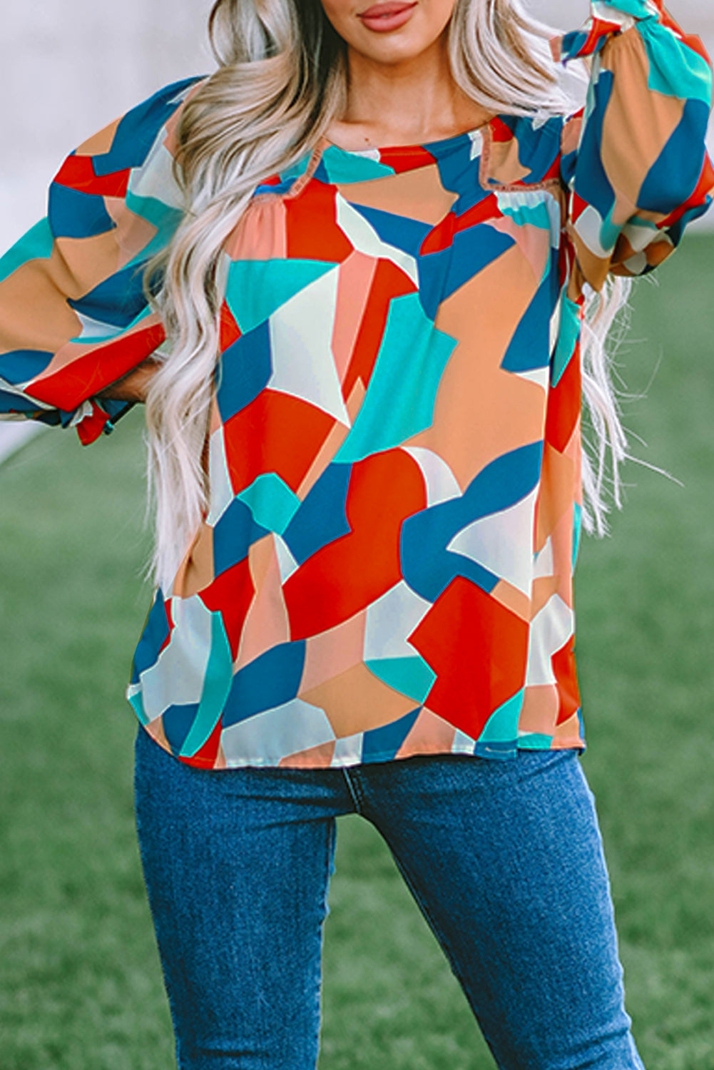 Multicolor Colorblock Casual Ruffle Puff Sleeve Blouse