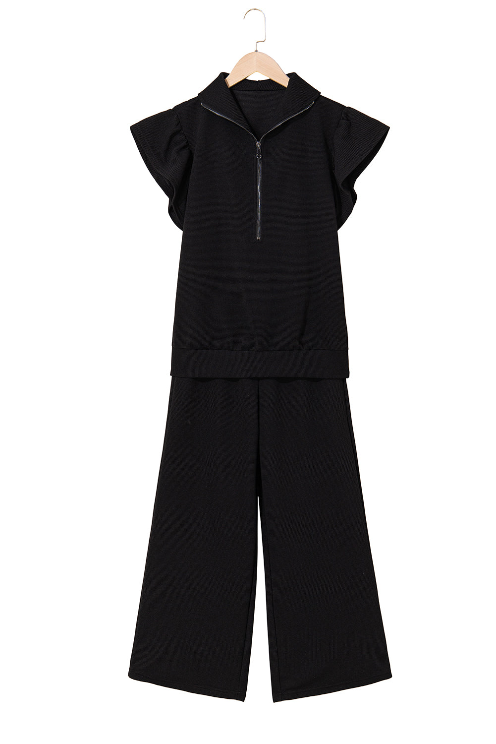 Black Textured Ruffle Sleeve Zipped Top and Wide Leg Pants Set - Kustom Kreations Goods