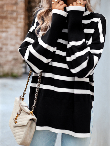Striped Turtleneck Side-slit Sweater HWWX6BVRYU