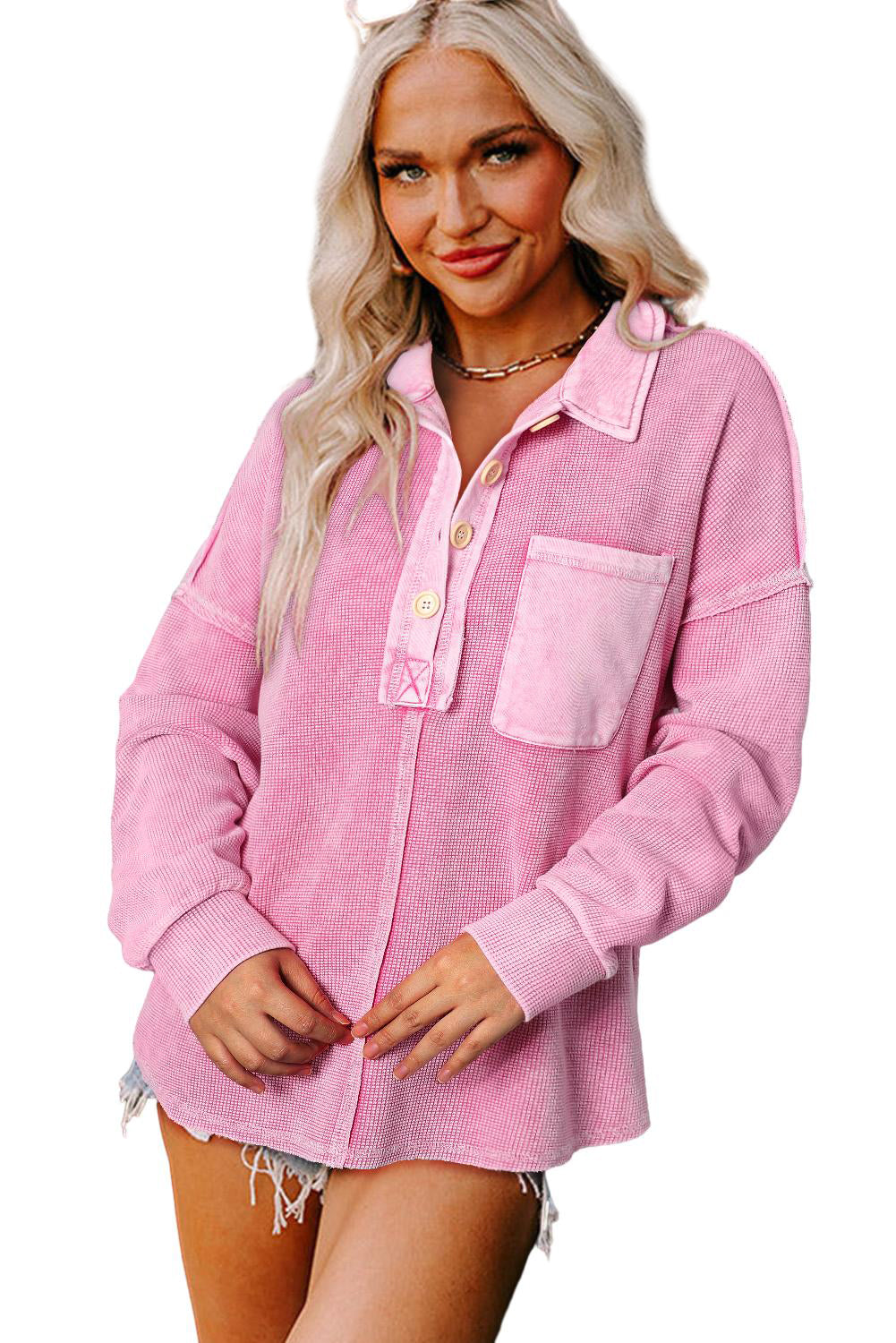 Laurel Green Waffle Exposed Seam Washed Henley Sweatshirt