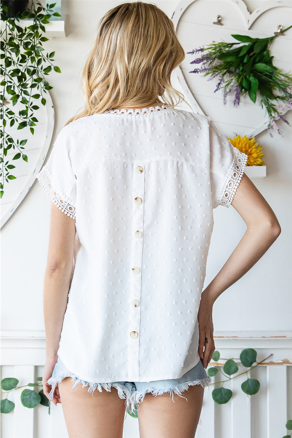 Apricot Swiss Dot Crochet Eyelet Back Button Detail Blouse