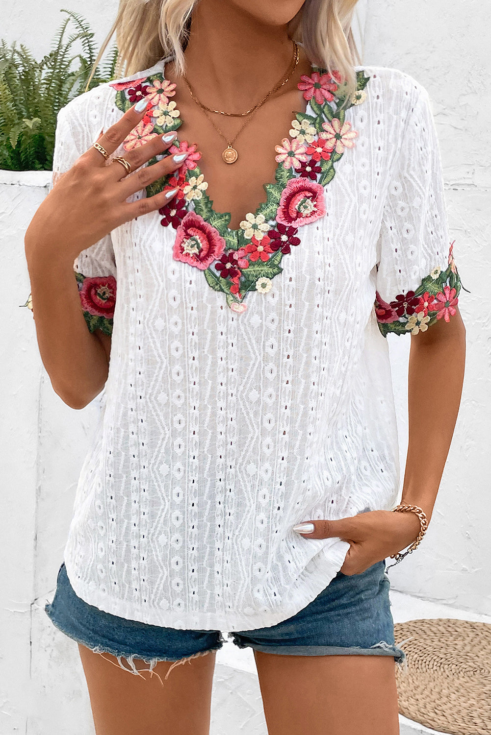 White V-Neck Floral Embroidered Trim Eyelet Blouse