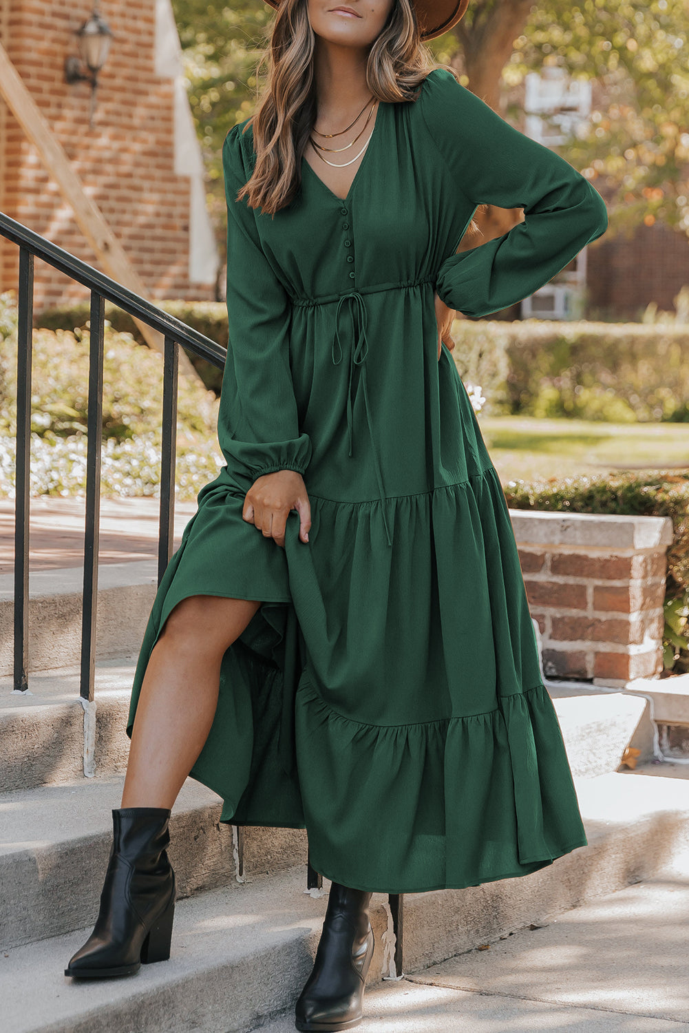 Burgundy Solid Long Sleeve Button V Neck Tiered Maxi Dress - Kustom Kreations Goods
