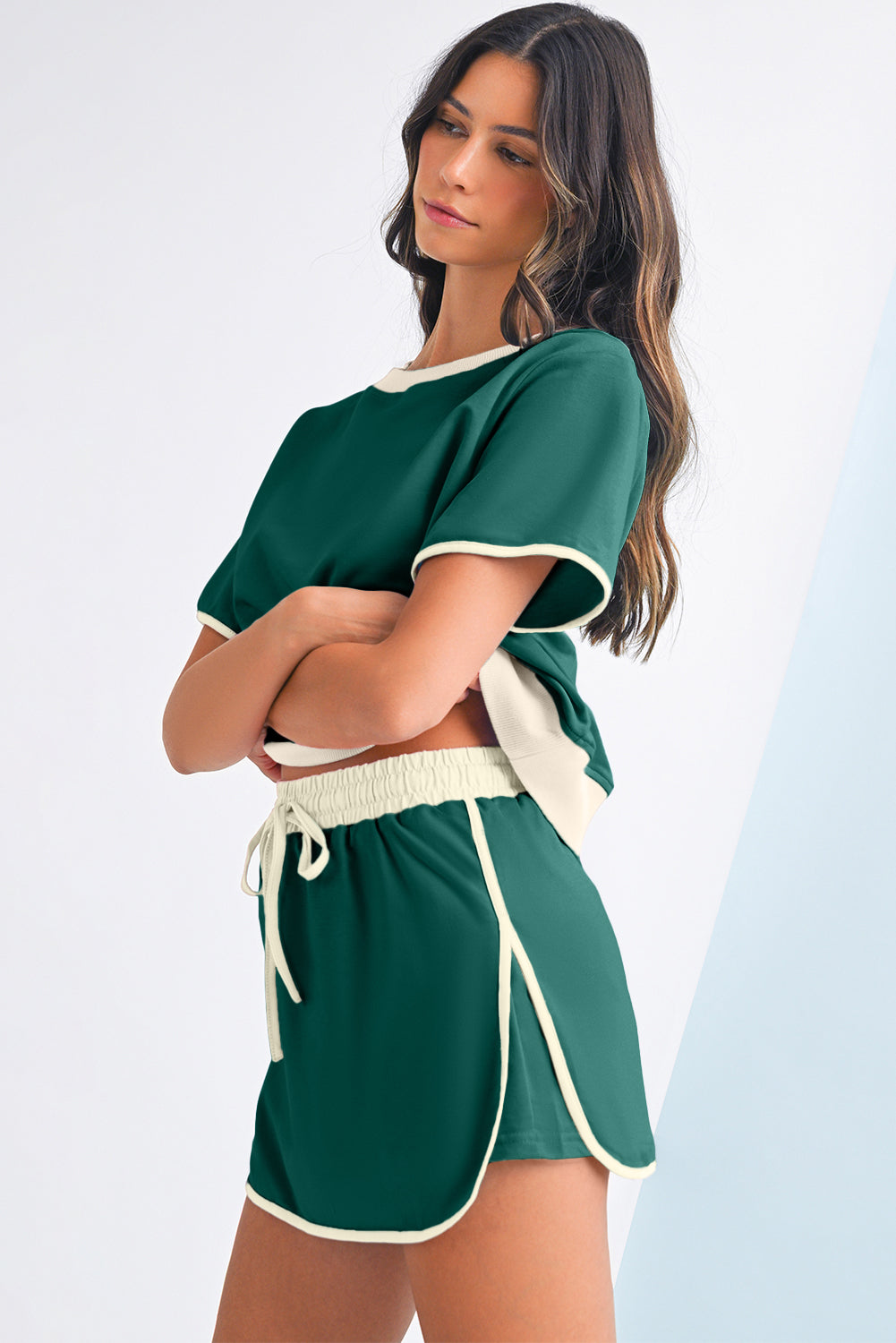 Evergreen Colorblock Edge Drop Shoulder T Shirt and Skort 2Pcs Set - Kustom Kreations Goods