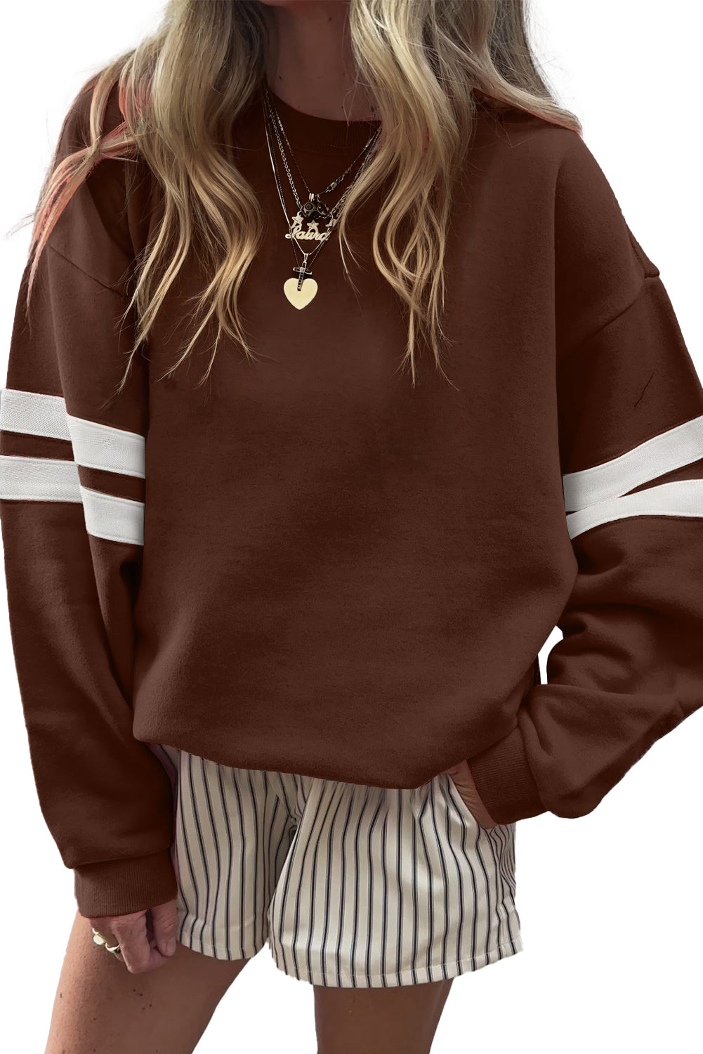 Fiery Red Preppy Striped Sleeve Loose Sweatshirt