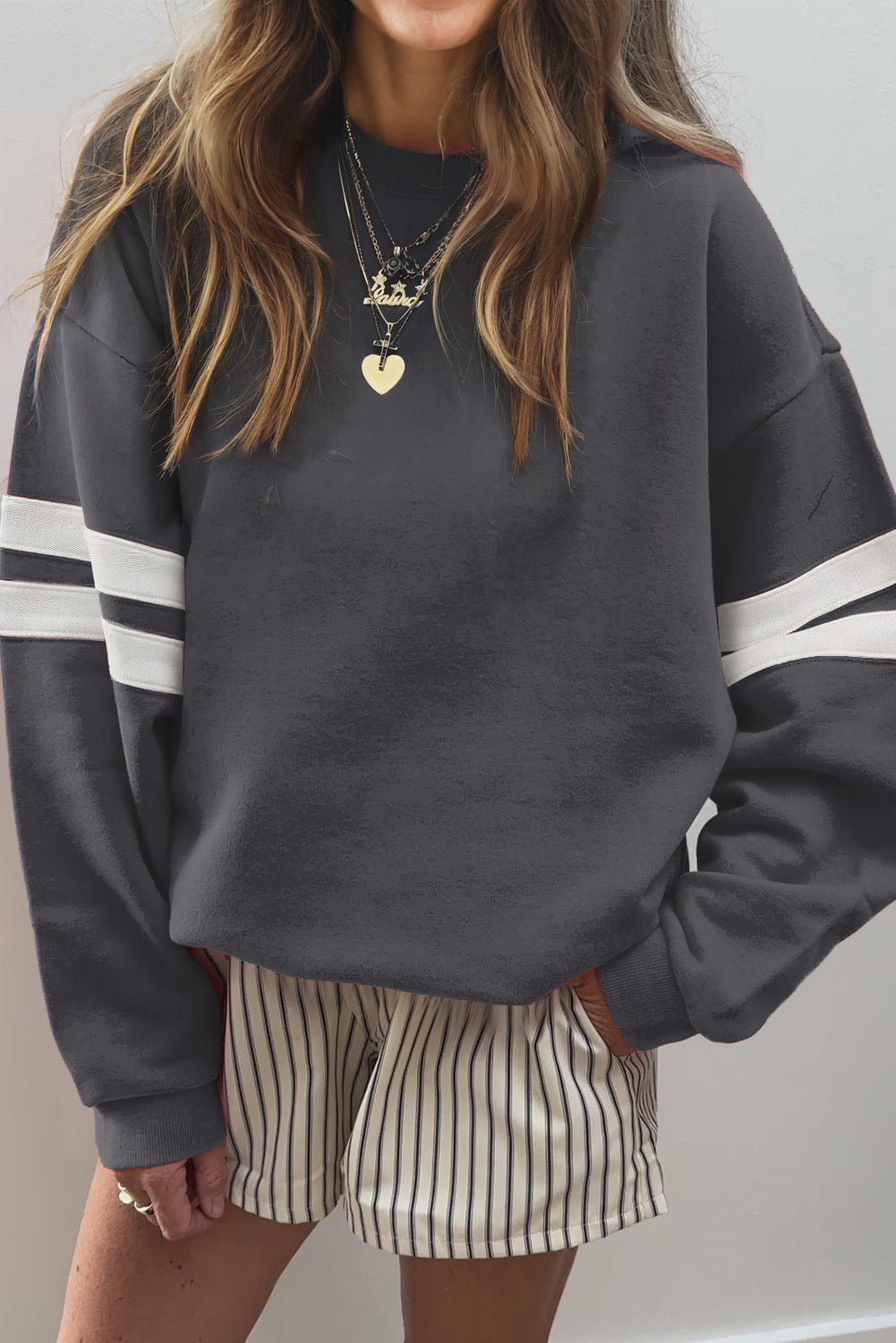 Fiery Red Preppy Striped Sleeve Loose Sweatshirt - Kustom Kreations Goods