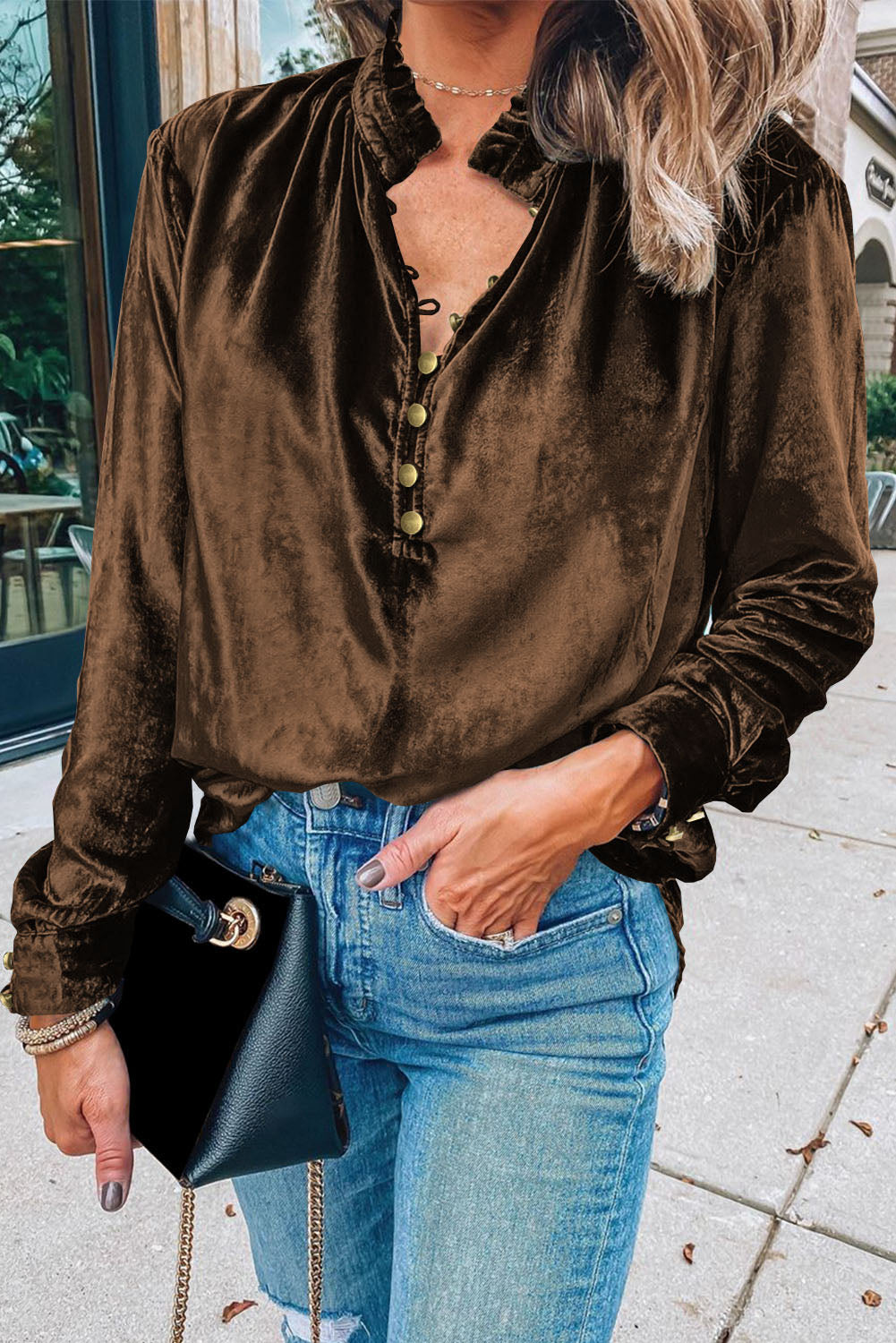 Black Frilled Neck Buttoned Front Velvet Top - Kustom Kreations Goods