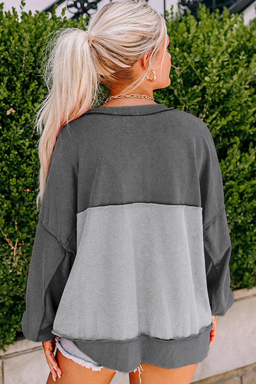 Dark Grey Slouchy Drop Shoulder Henley Sweatshirt