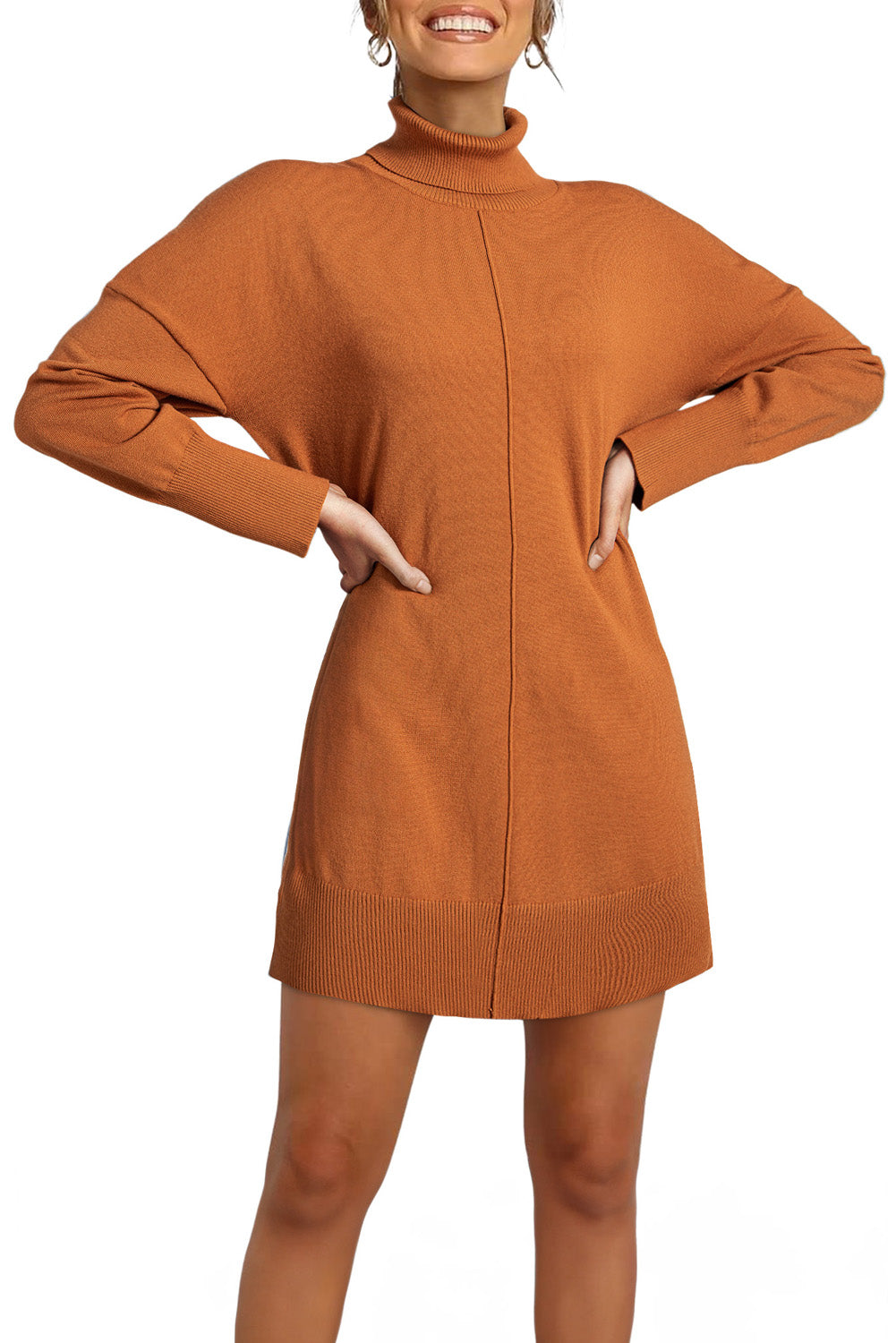 Black Solid Color Turtleneck Drop Shoulder Loose Sweater Dress - Kustom Kreations Goods