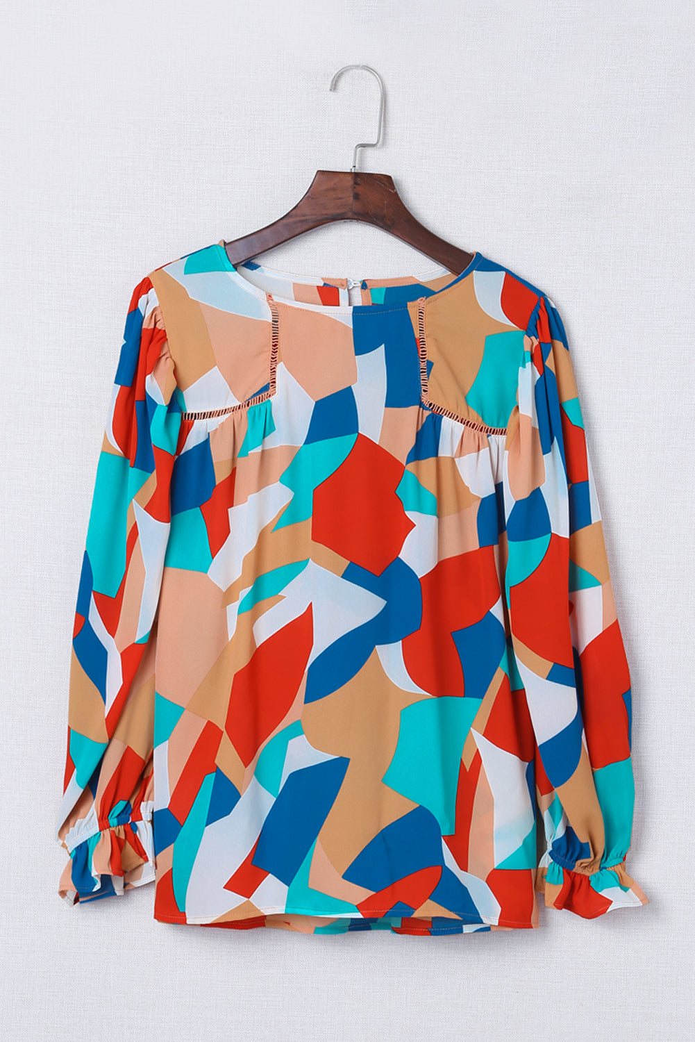 Multicolor Colorblock Casual Ruffle Puff Sleeve Blouse