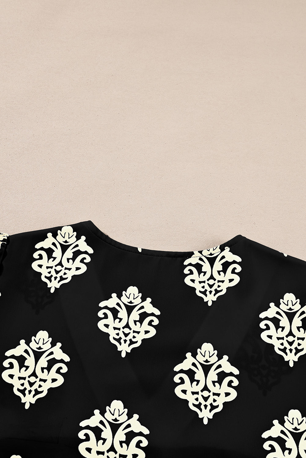 Green Damask Floral Print Contrast V Neck 3/4 Sleeve Blouse - Kustom Kreations Goods