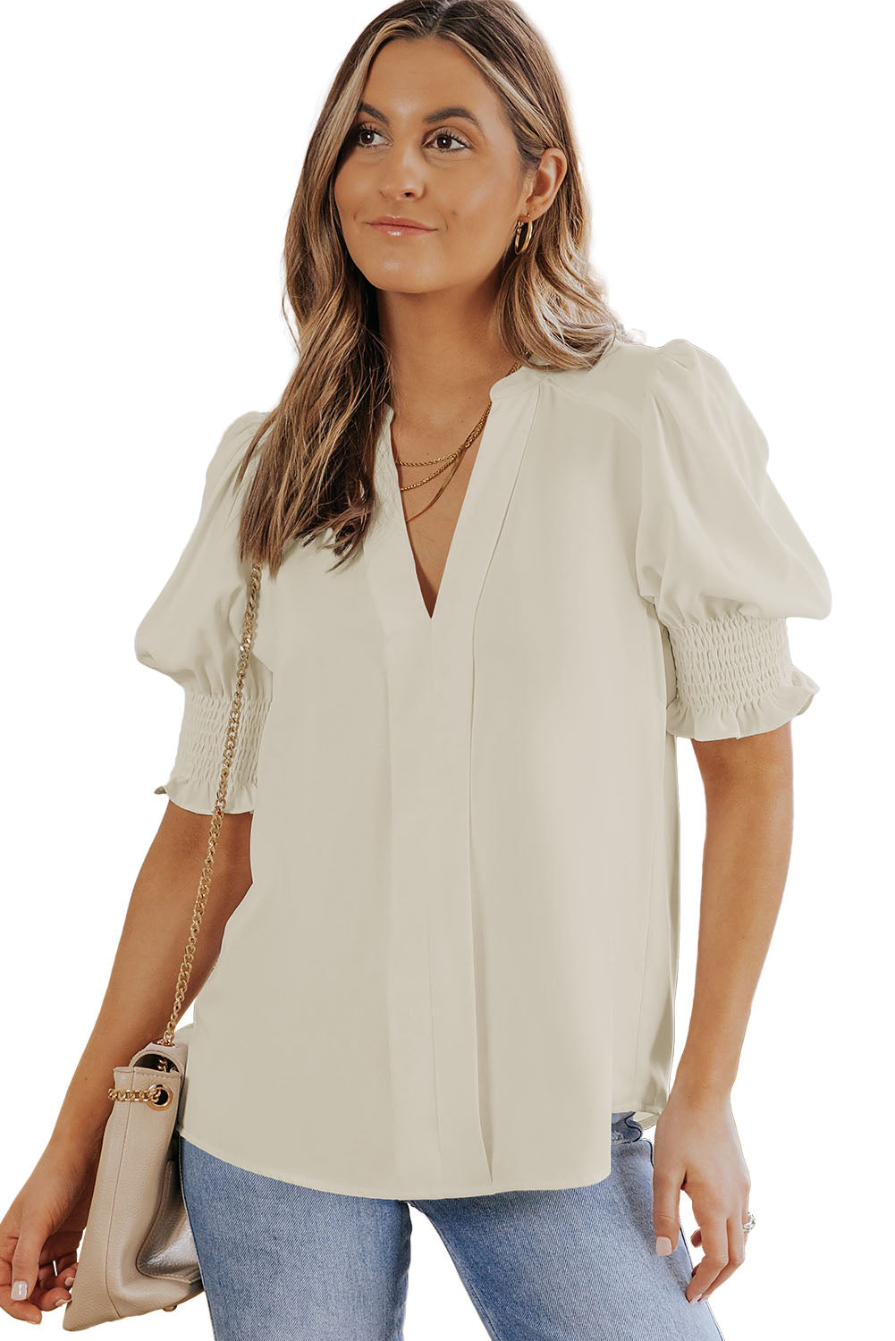 Apricot Solid Puffed Sleeve Shirred V Neck Blouse