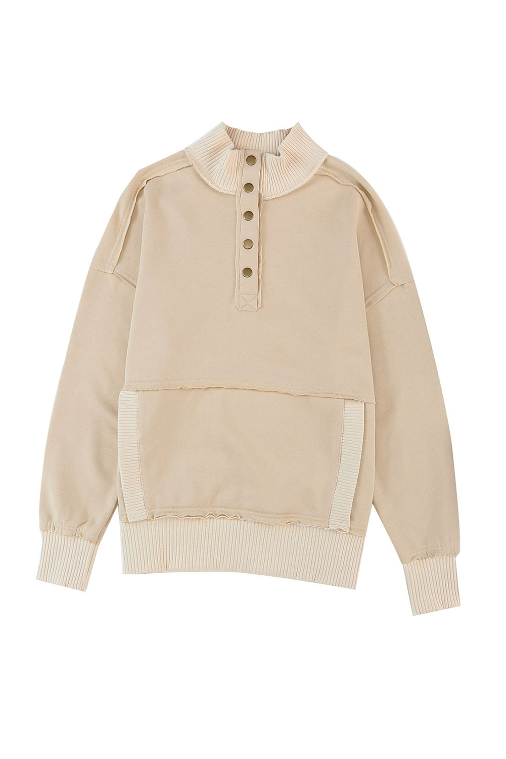 Gray Ribbed Trim Snap Button Collar Kangaroo Pocket Sweatshirt