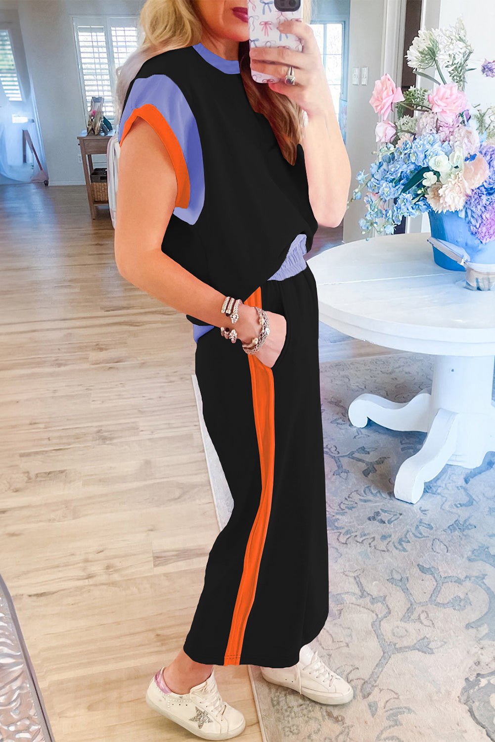 Black Colorblock Cap Sleeve Tee and Wide Leg Pants Set