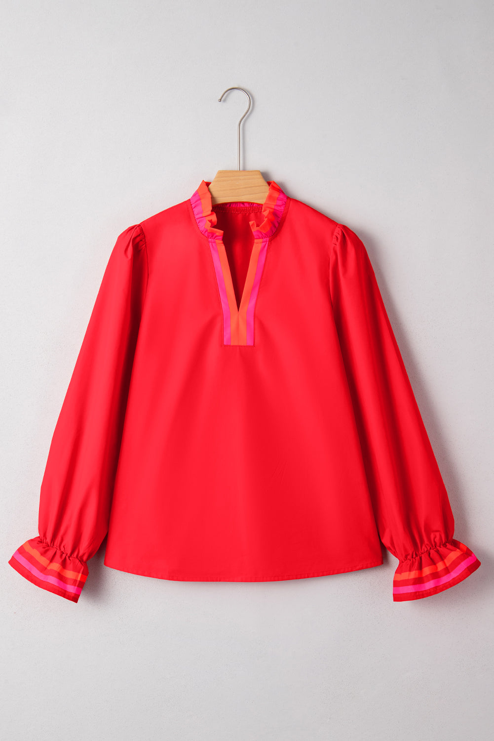 Fiery Red Striped Trim Ruffle Split Neck Long Sleeve Blouse