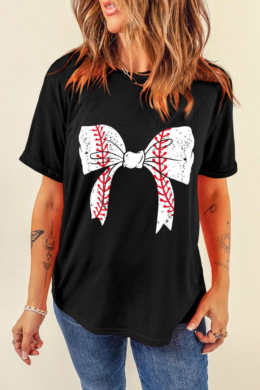 Black Baseball Bowknot Graphic Roll Up Sleeve Tee - Kustom Kreations Goods