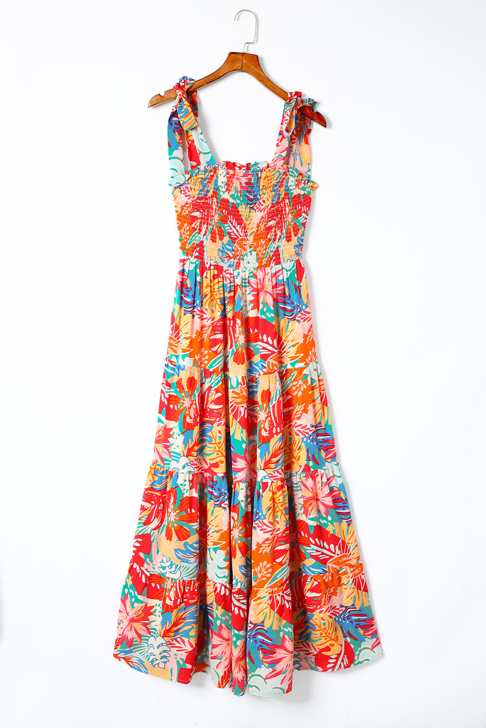 Multicolor Boho Tropical Print Smocked Ruffle Tiered Maxi Dress