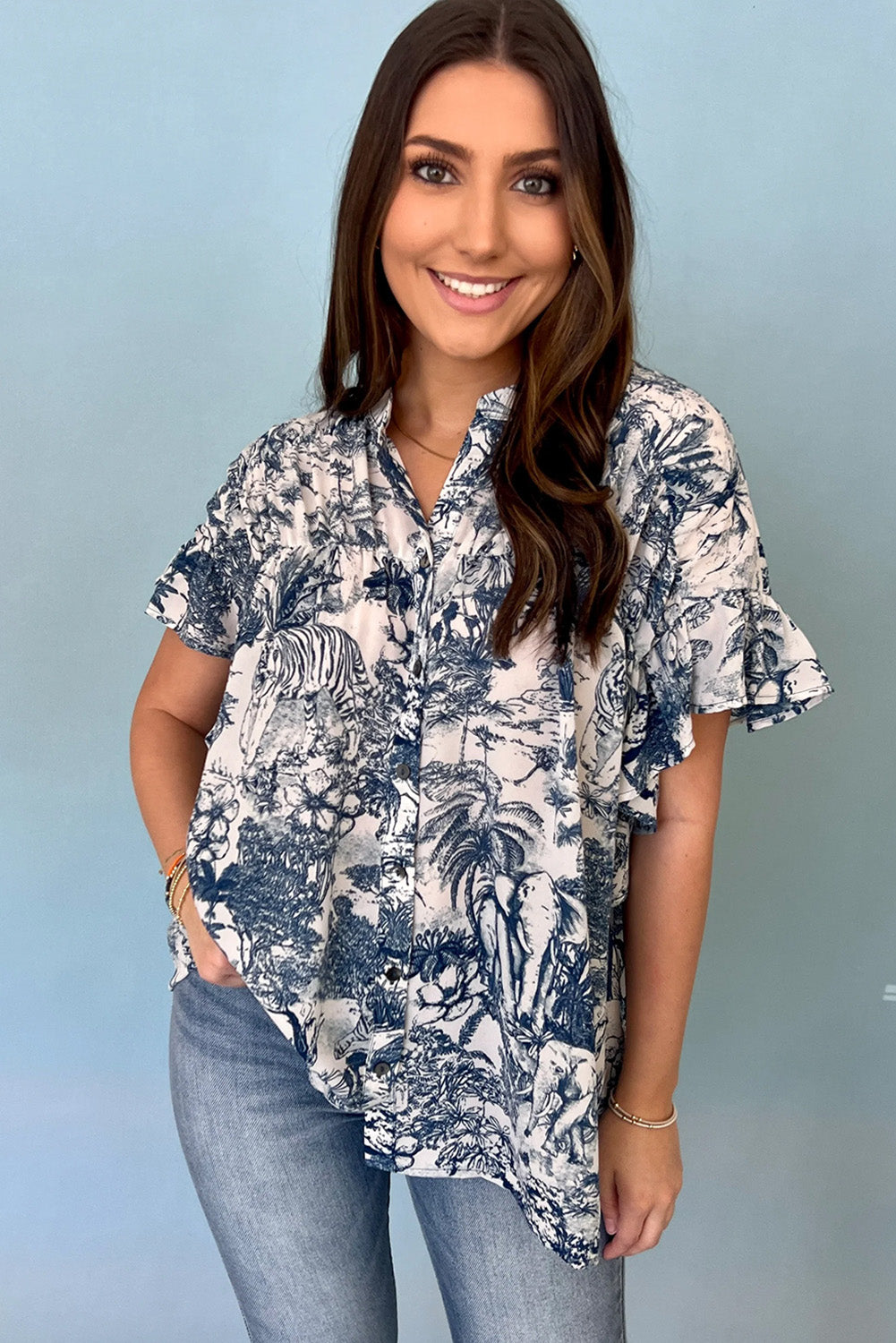 Ashleigh Blue Animal & Plants Print Ruffle Blouse