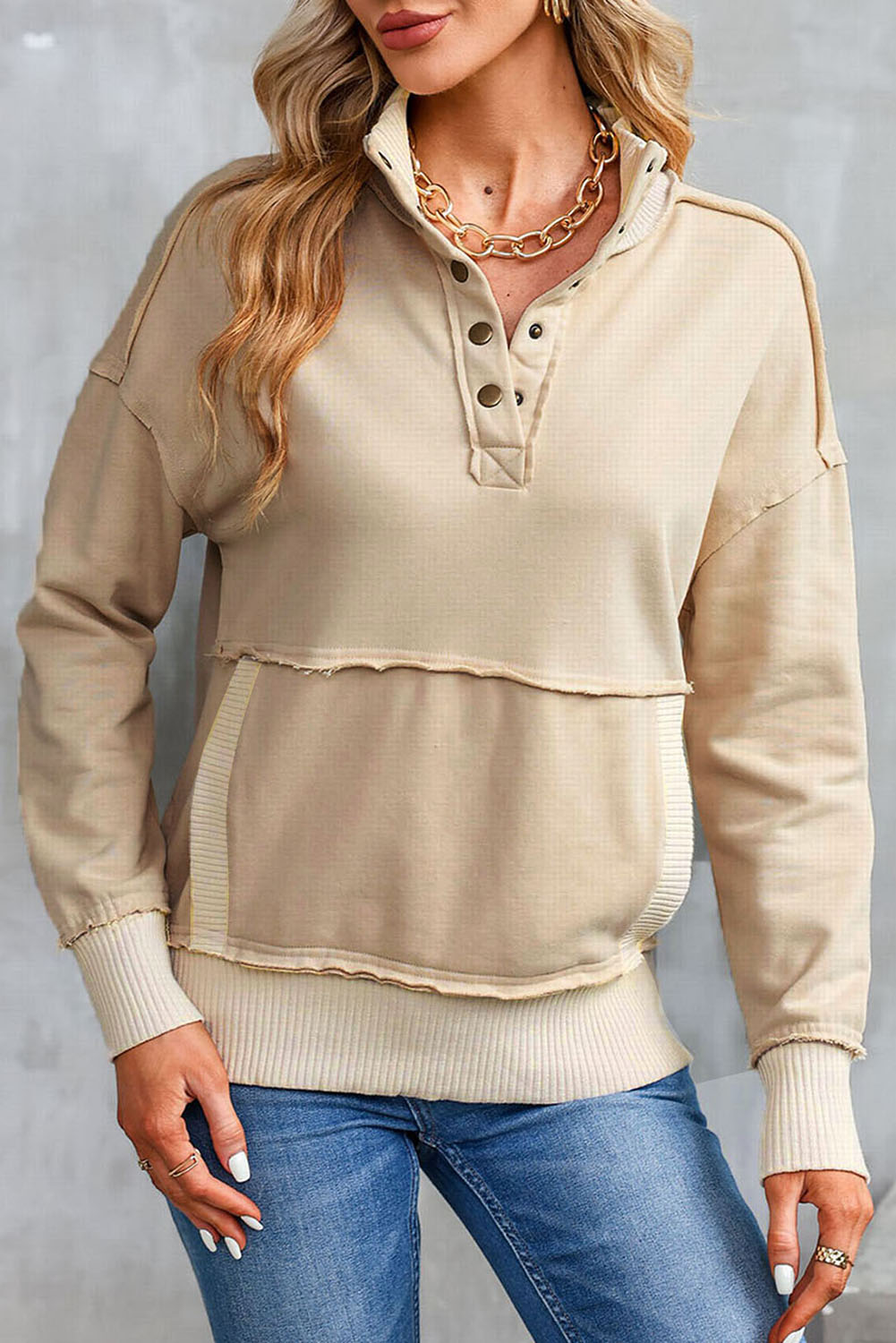 Gray Ribbed Trim Snap Button Collar Kangaroo Pocket Sweatshirt