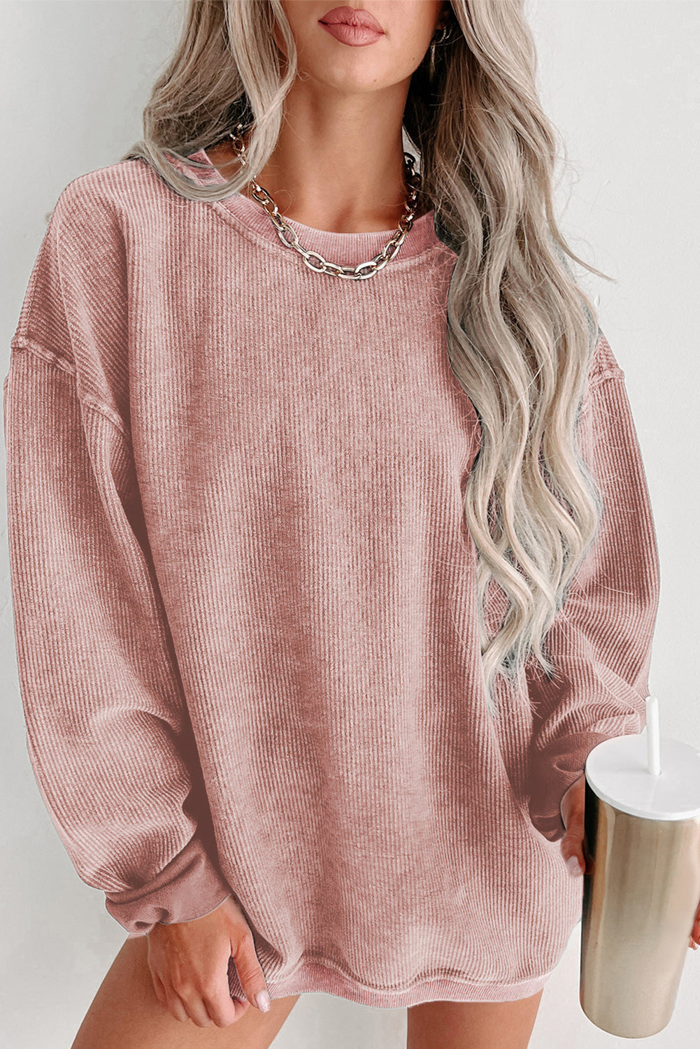 Pink Solid Ribbed Round Neck Pullover Sweatshirt - Kustom Kreations Goods