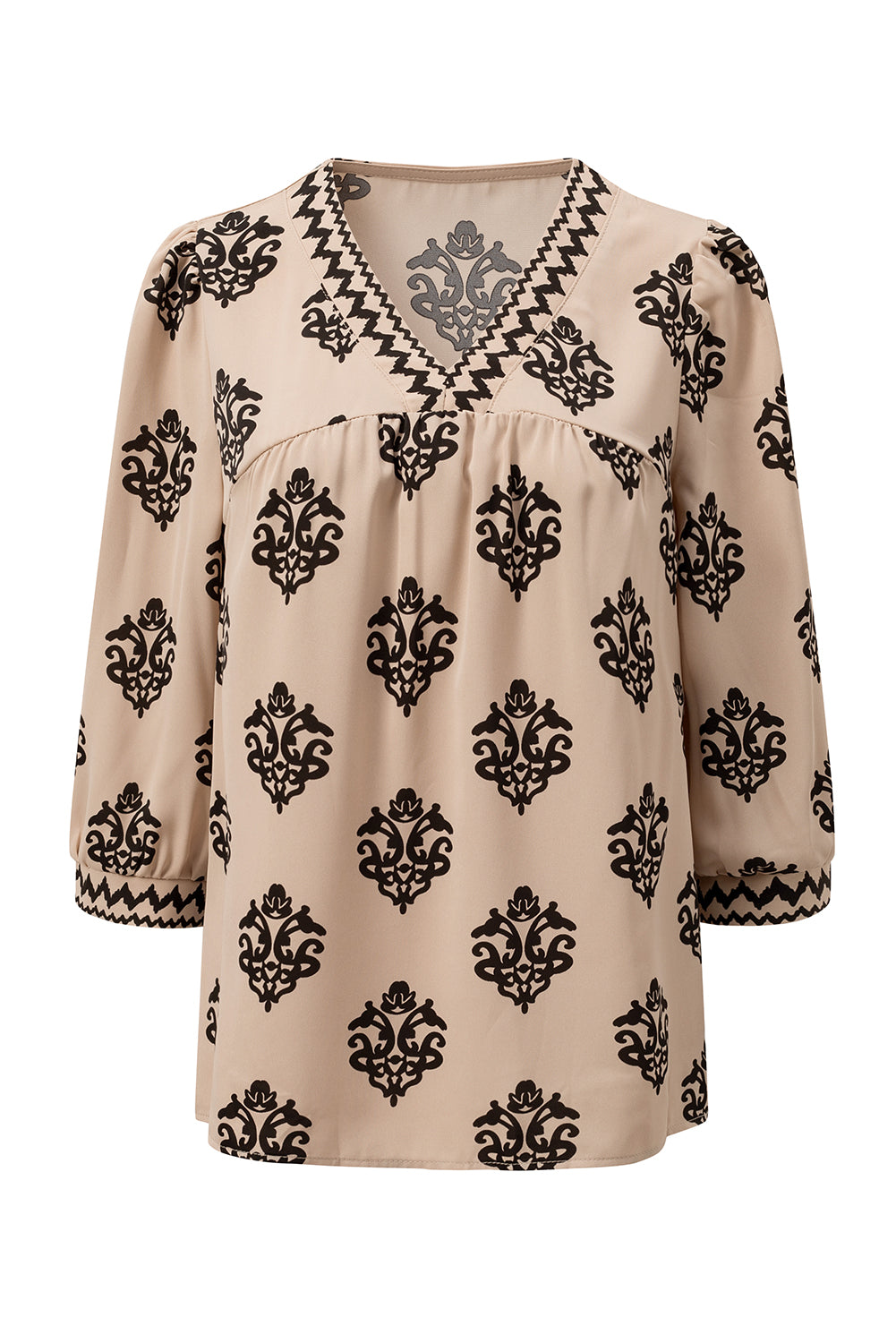 Green Damask Floral Print Contrast V Neck 3/4 Sleeve Blouse - Kustom Kreations Goods