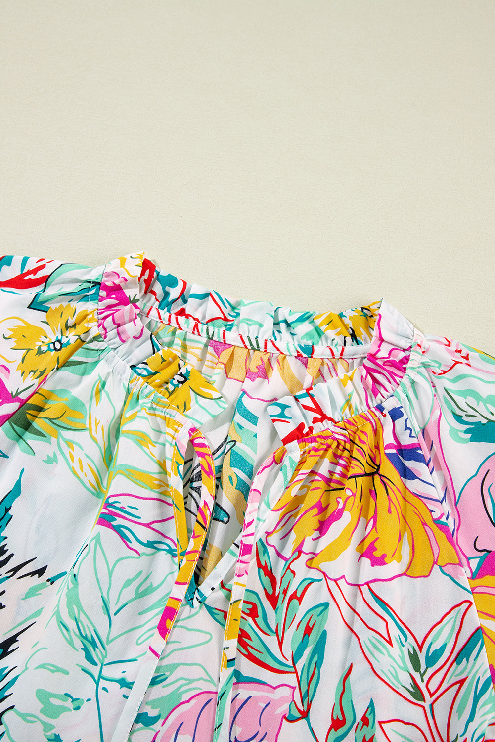 White Tropical Plant Print Tie Neck Ruffle Blouse