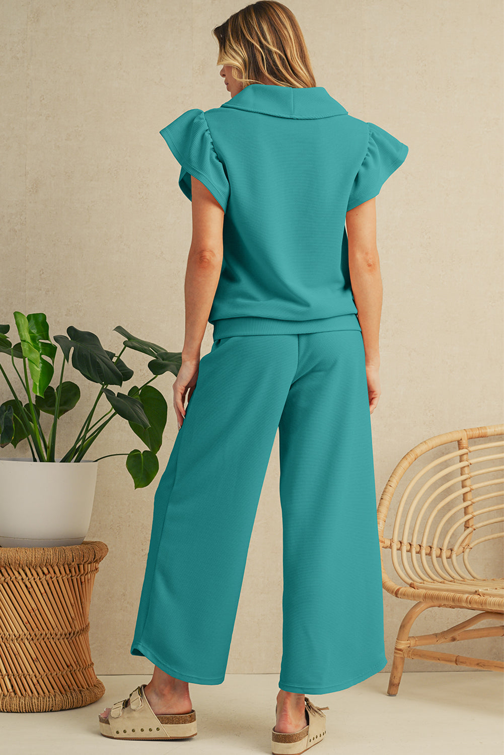 Black Textured Ruffle Sleeve Zipped Top and Wide Leg Pants Set - Kustom Kreations Goods