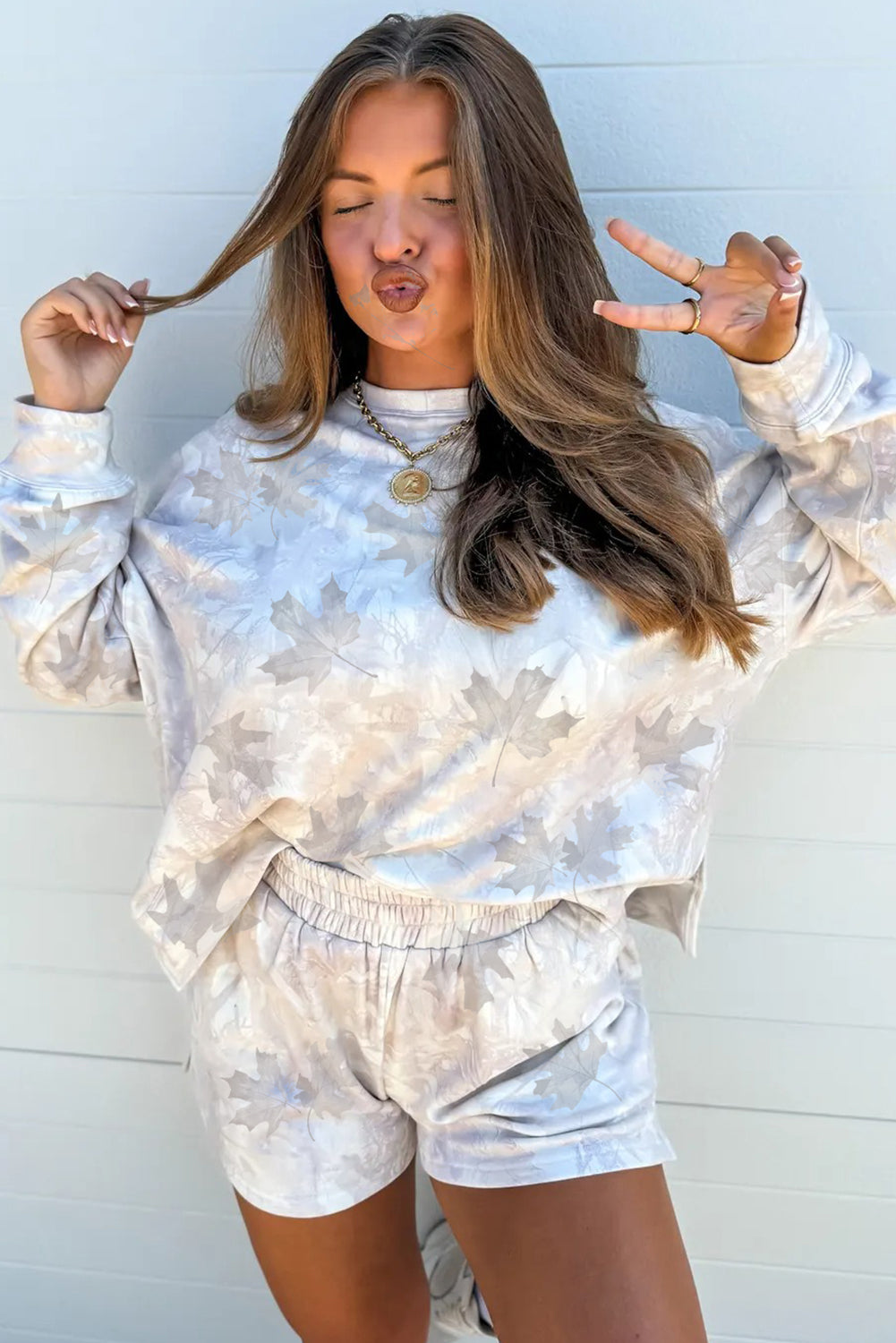 Beige Abstract Maple Leaf Print Long Sleeve Top Elastic Waist Shorts Set - Kustom Kreations Goods