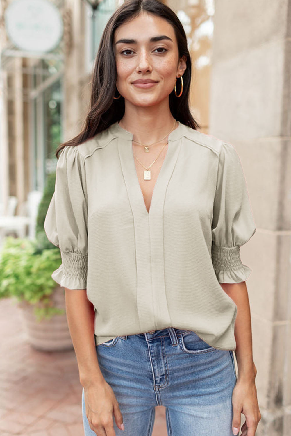Apricot Solid Puffed Sleeve Shirred V Neck Blouse