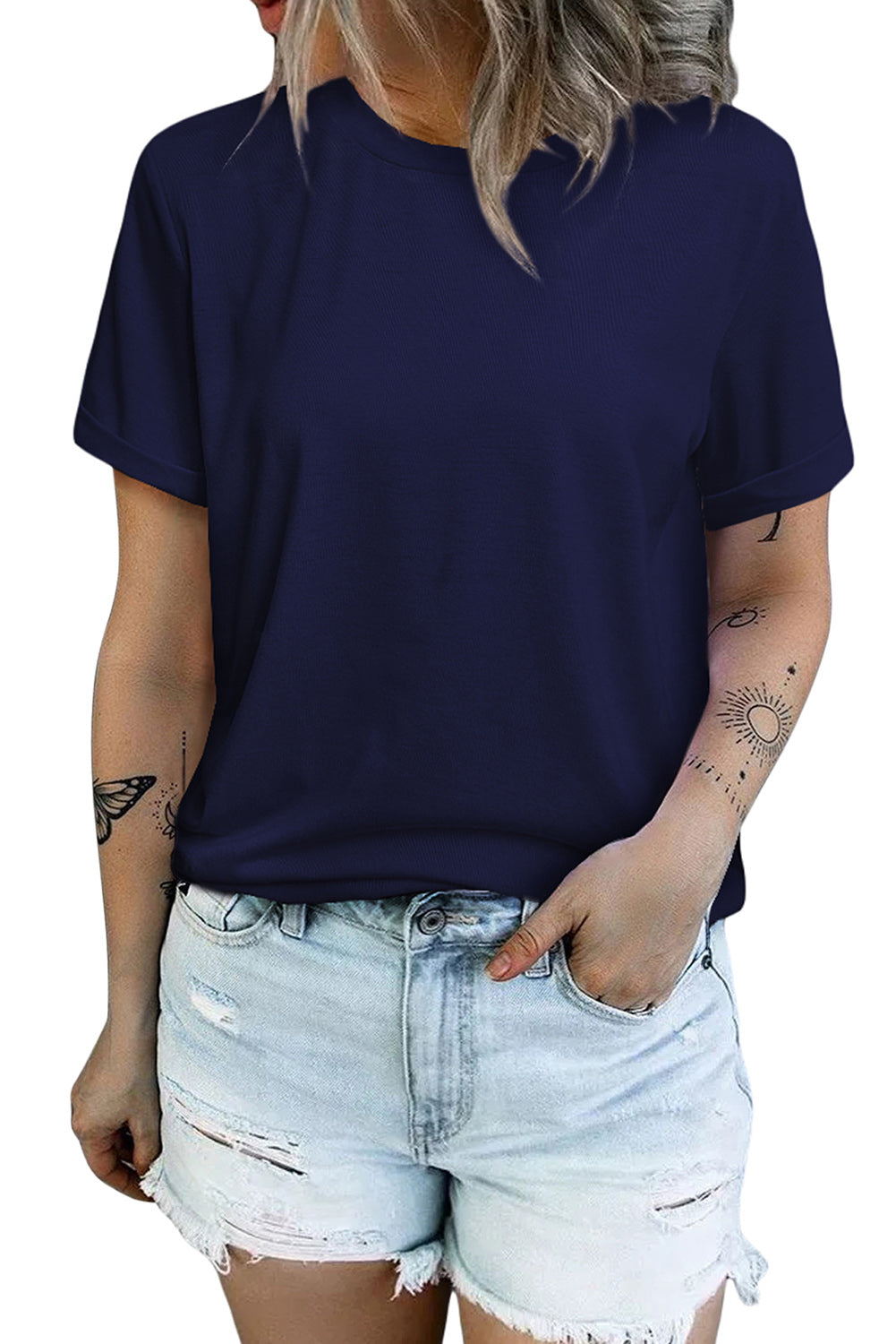 Green Plain Solid Color Crew Neck Tee