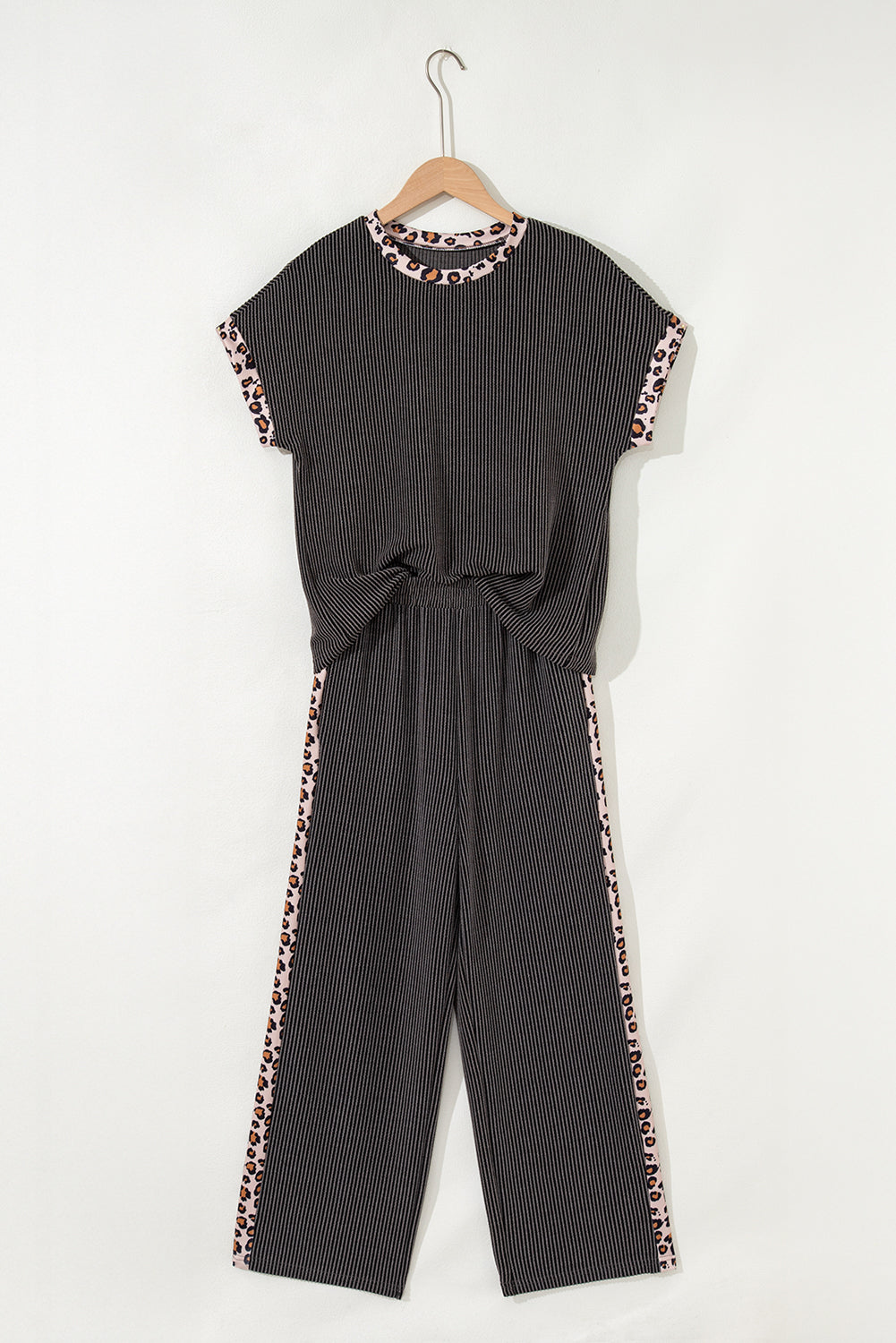 Carbon Grey Leopard Patchwork Trim Twisted Rib T Shirt and Cropped Pants Set - Kustom Kreations Goods